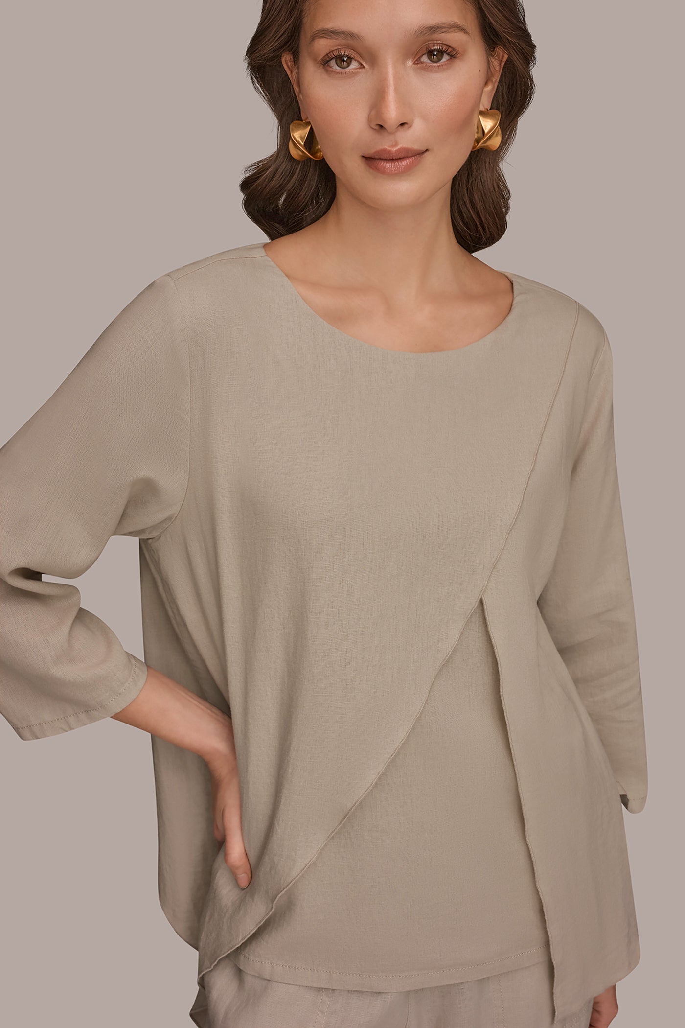 Tuscan Grey 3/4 SLEEVE OVERLAY BLOUSE Donna Karan