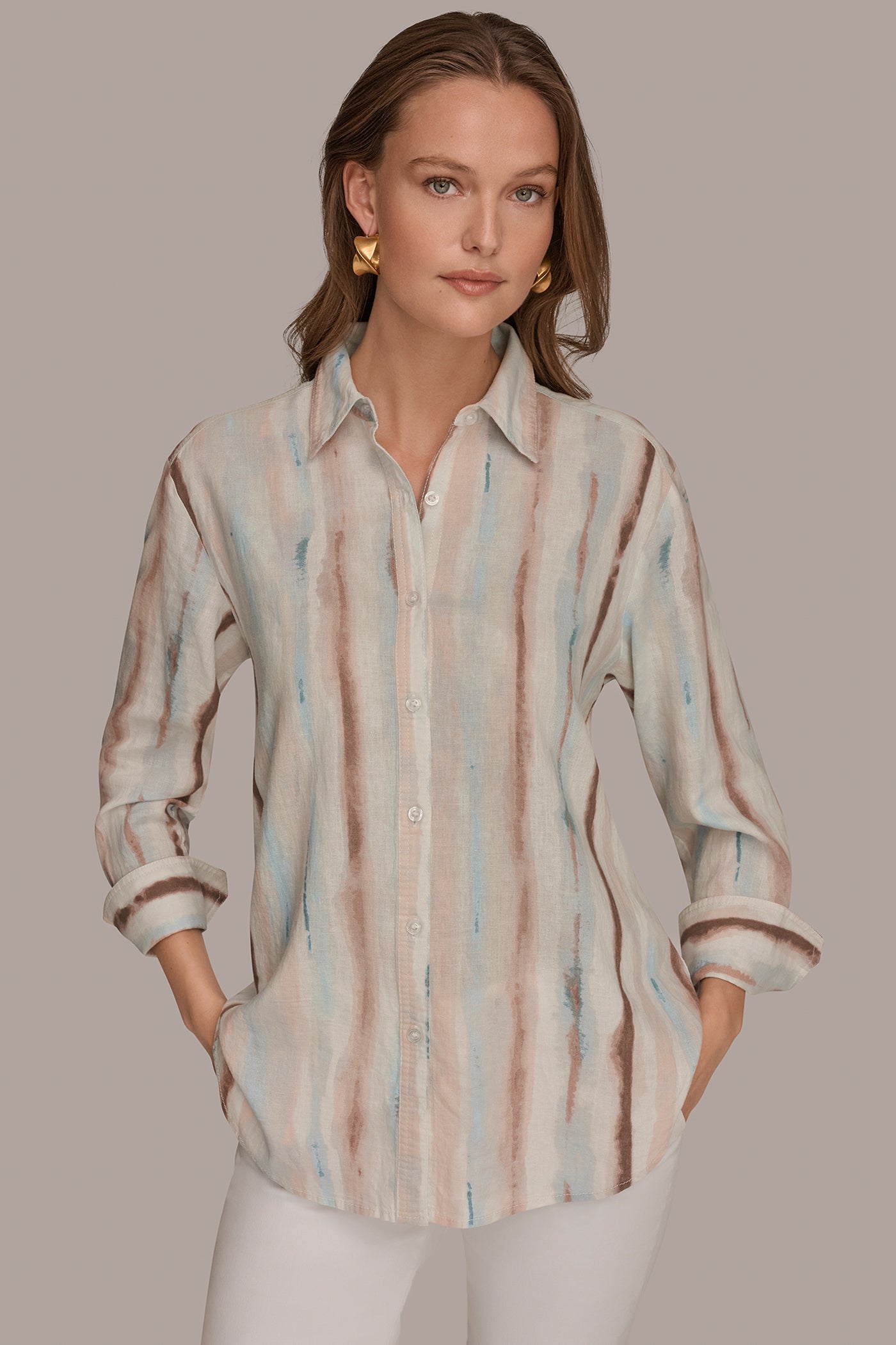 Watercolor Stripe LONG SLEEVE STRIPE SHIRT Donna Karan