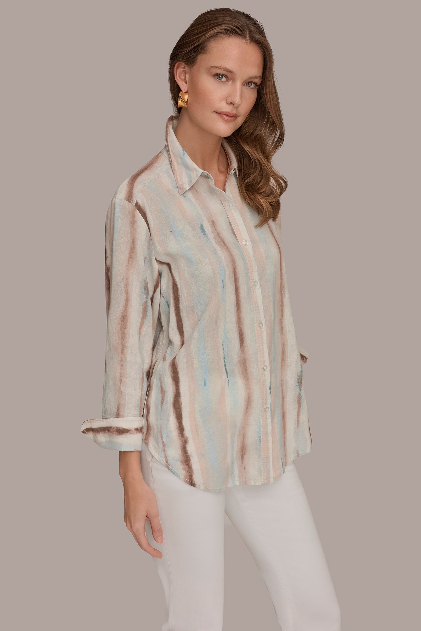 Watercolor Stripe LONG SLEEVE STRIPE SHIRT Donna Karan