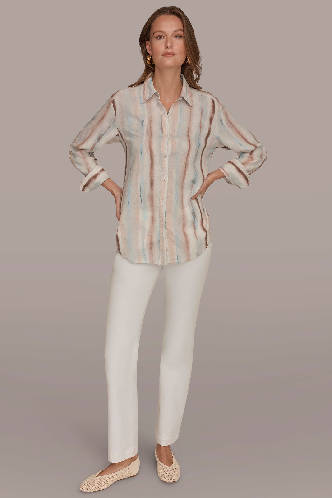 Watercolor Stripe LONG SLEEVE STRIPE SHIRT Donna Karan