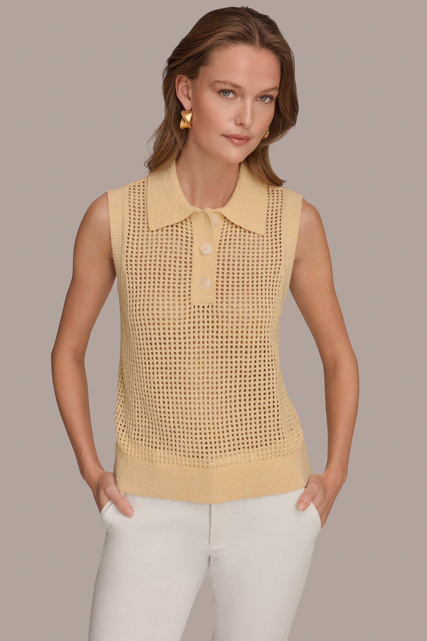 Buttercream SLEEVELESS OPEN STITCH POLO SWEATER Donna Karan