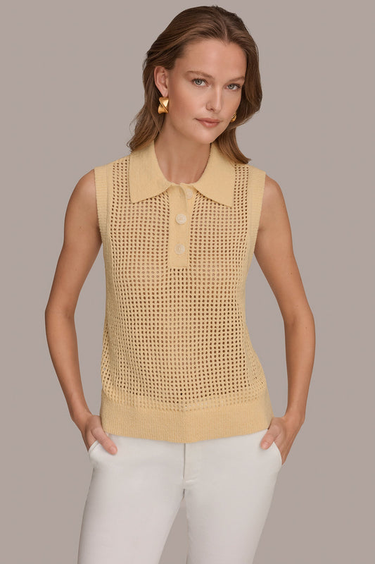 Buttercream SLEEVELESS OPEN STITCH POLO SWEATER Donna Karan