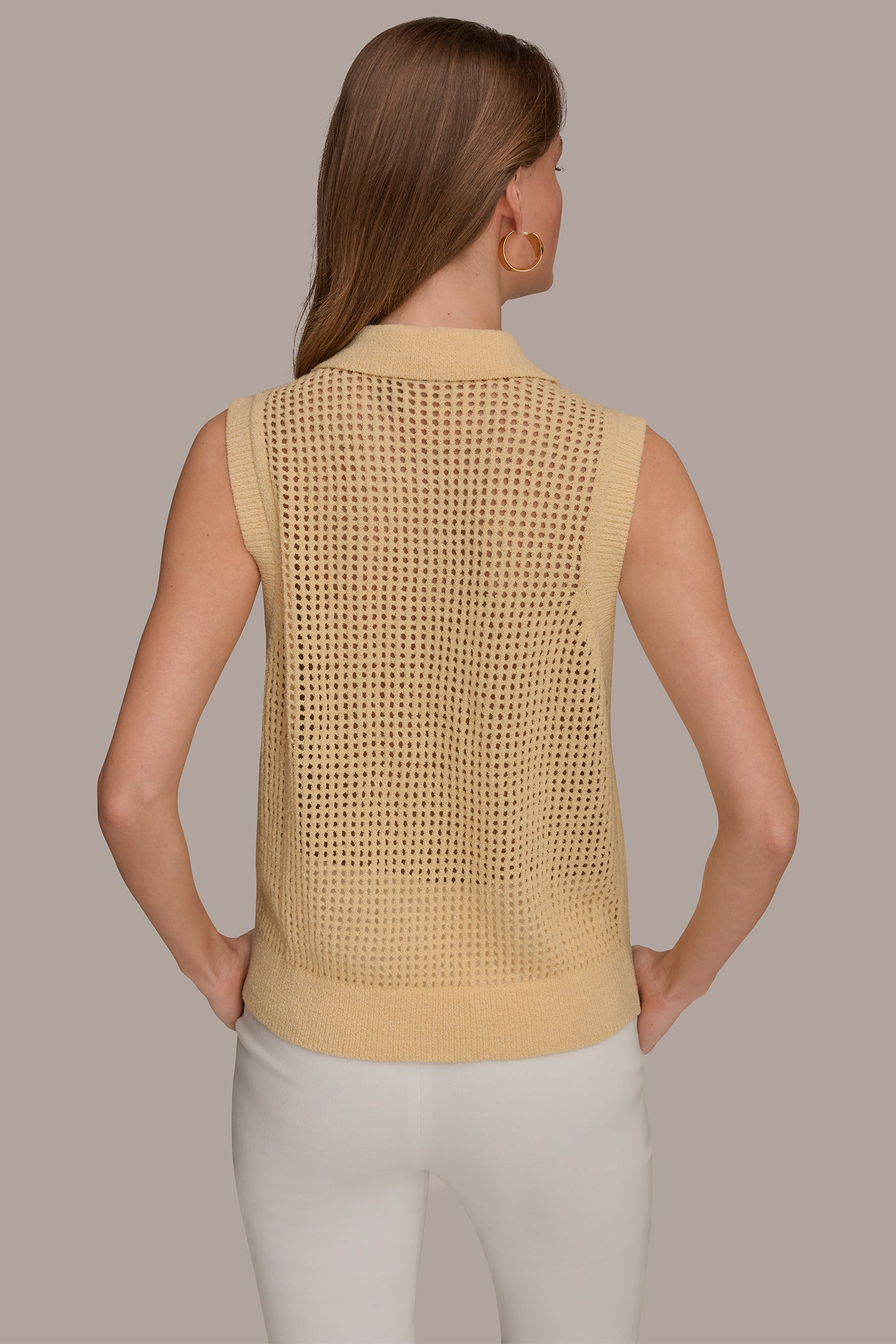 Buttercream SLEEVELESS OPEN STITCH POLO SWEATER Donna Karan