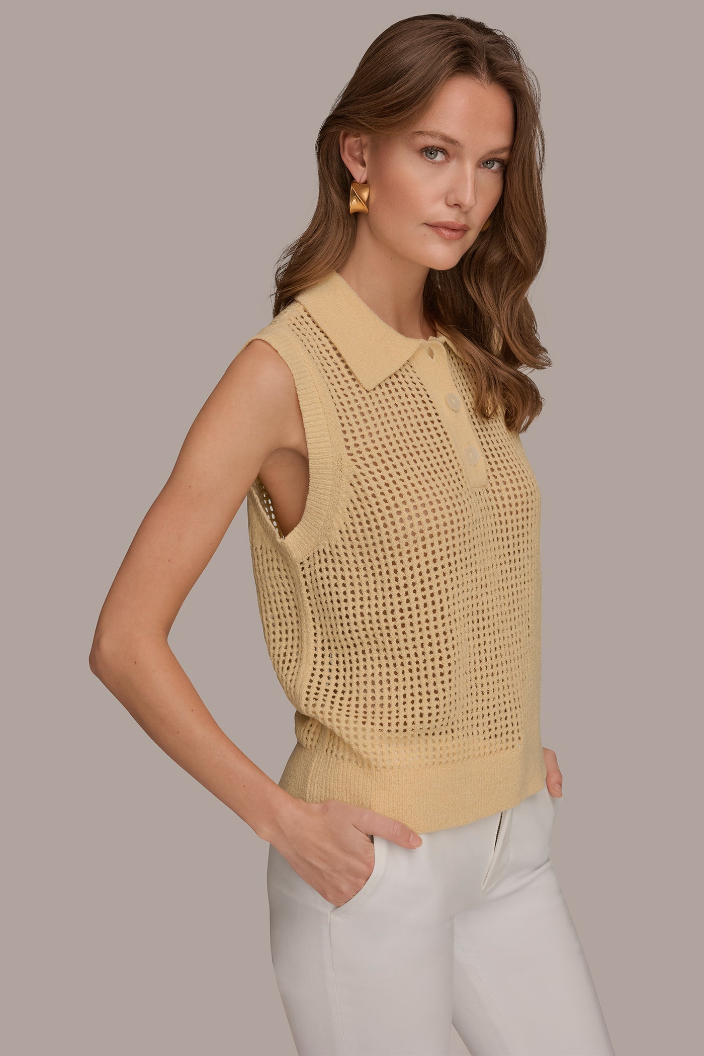 Buttercream SLEEVELESS OPEN STITCH POLO SWEATER Donna Karan