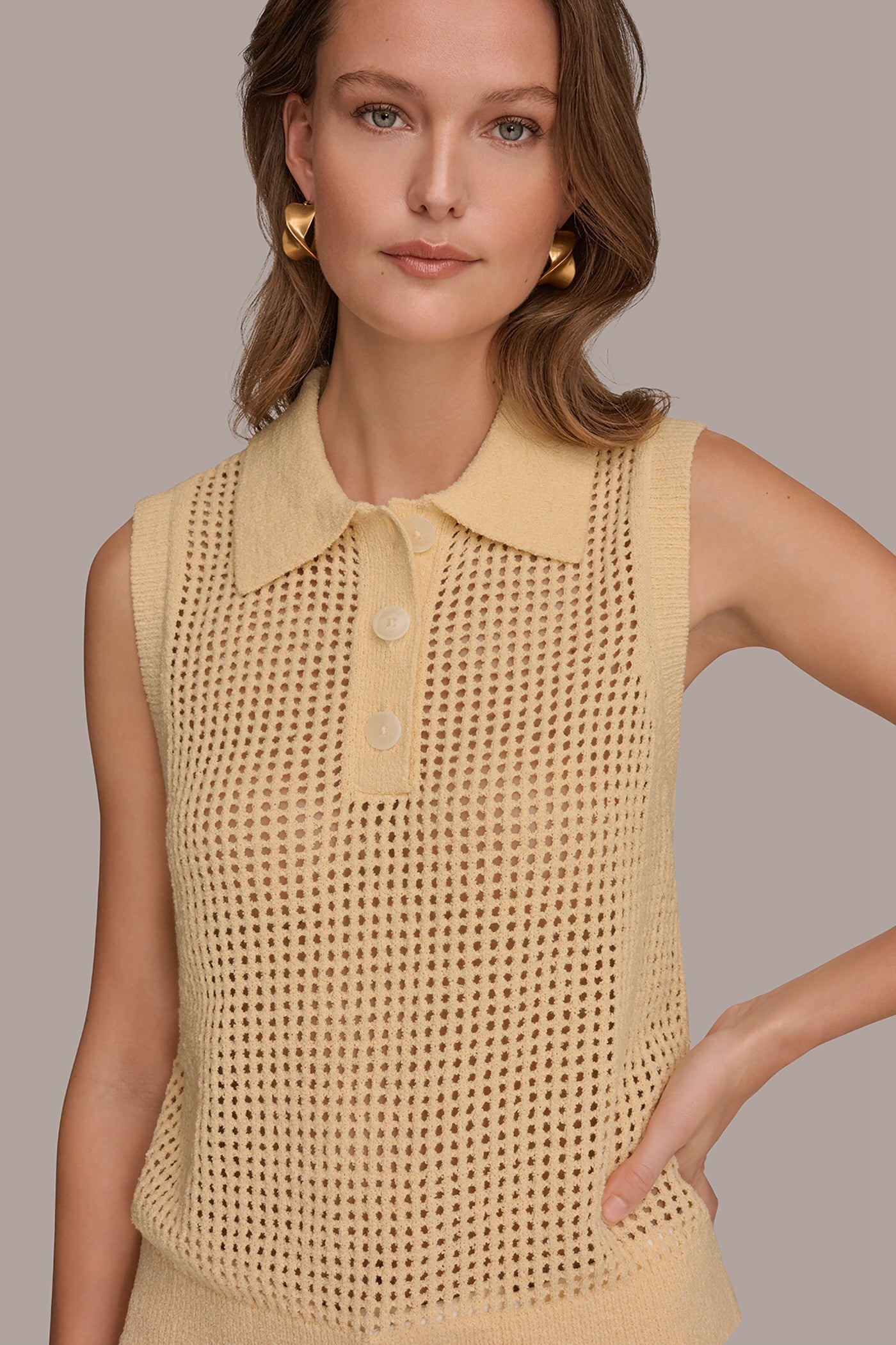 Buttercream SLEEVELESS OPEN STITCH POLO SWEATER Donna Karan