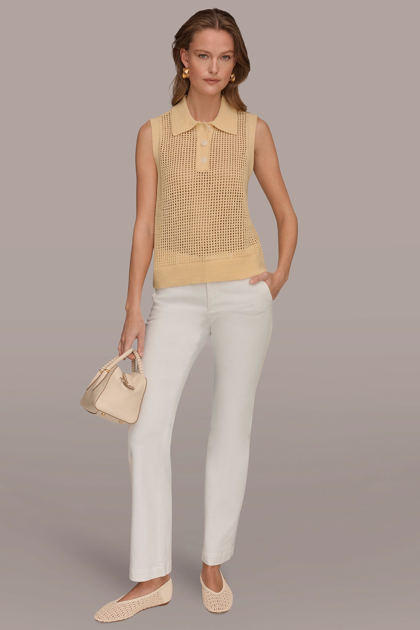 Buttercream SLEEVELESS OPEN STITCH POLO SWEATER Donna Karan