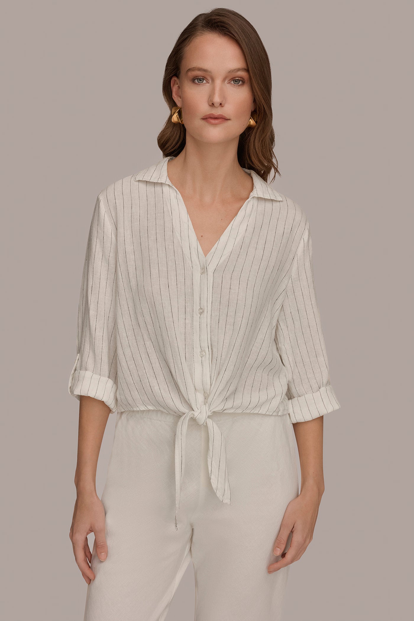 Cream/Black LONG SLEEVE TIE-FRONT BLOUSE Donna Karan