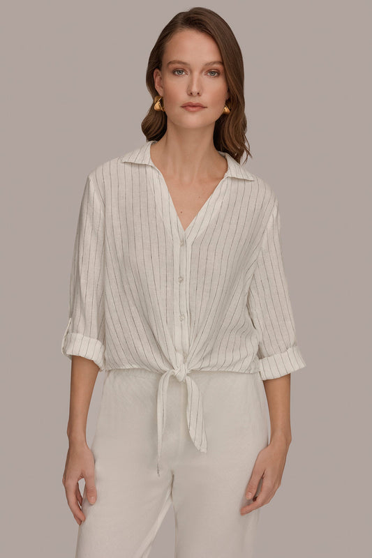 Cream/Black LONG SLEEVE TIE-FRONT BLOUSE Donna Karan