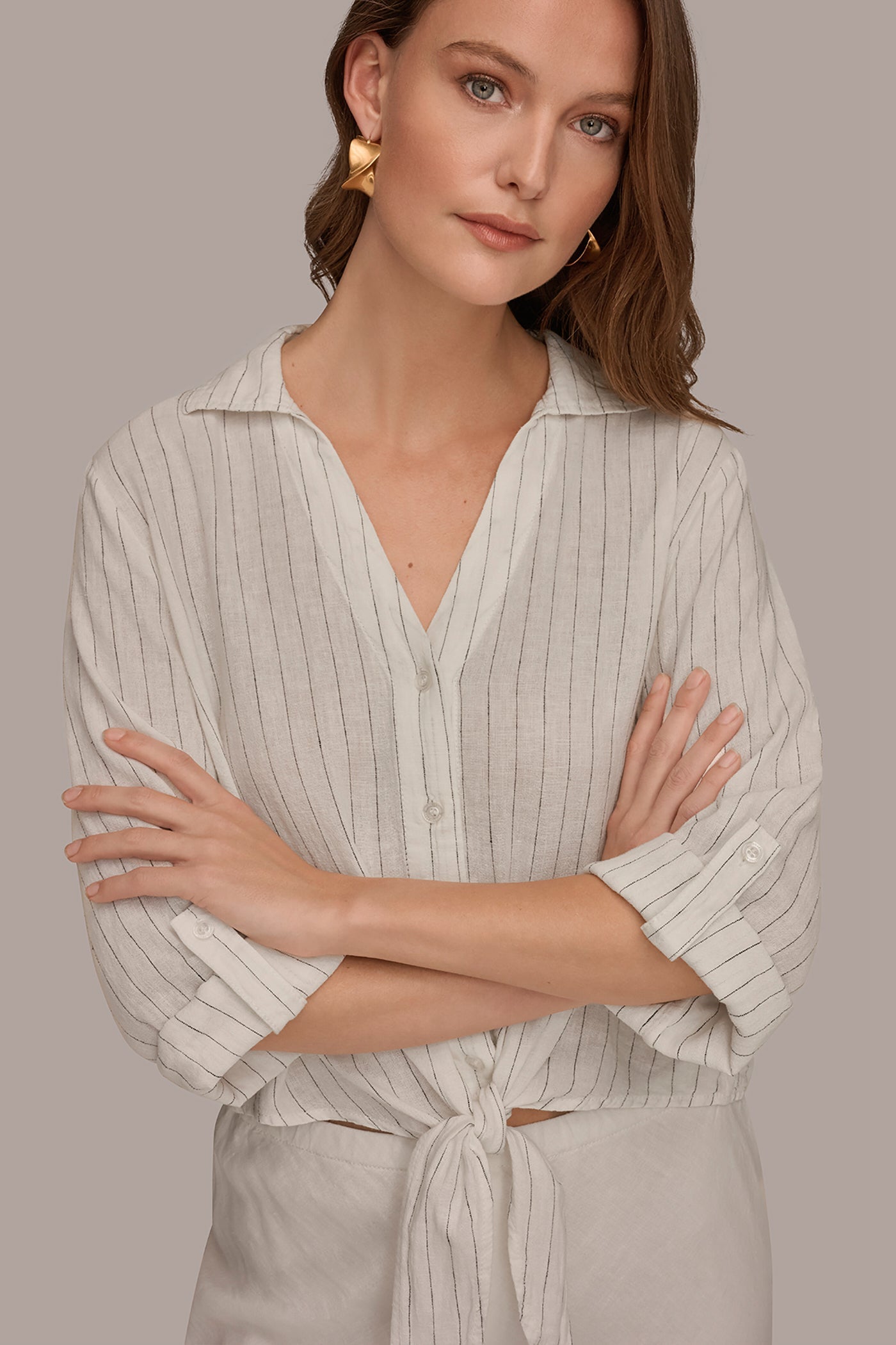 Cream/Black LONG SLEEVE TIE-FRONT BLOUSE Donna Karan