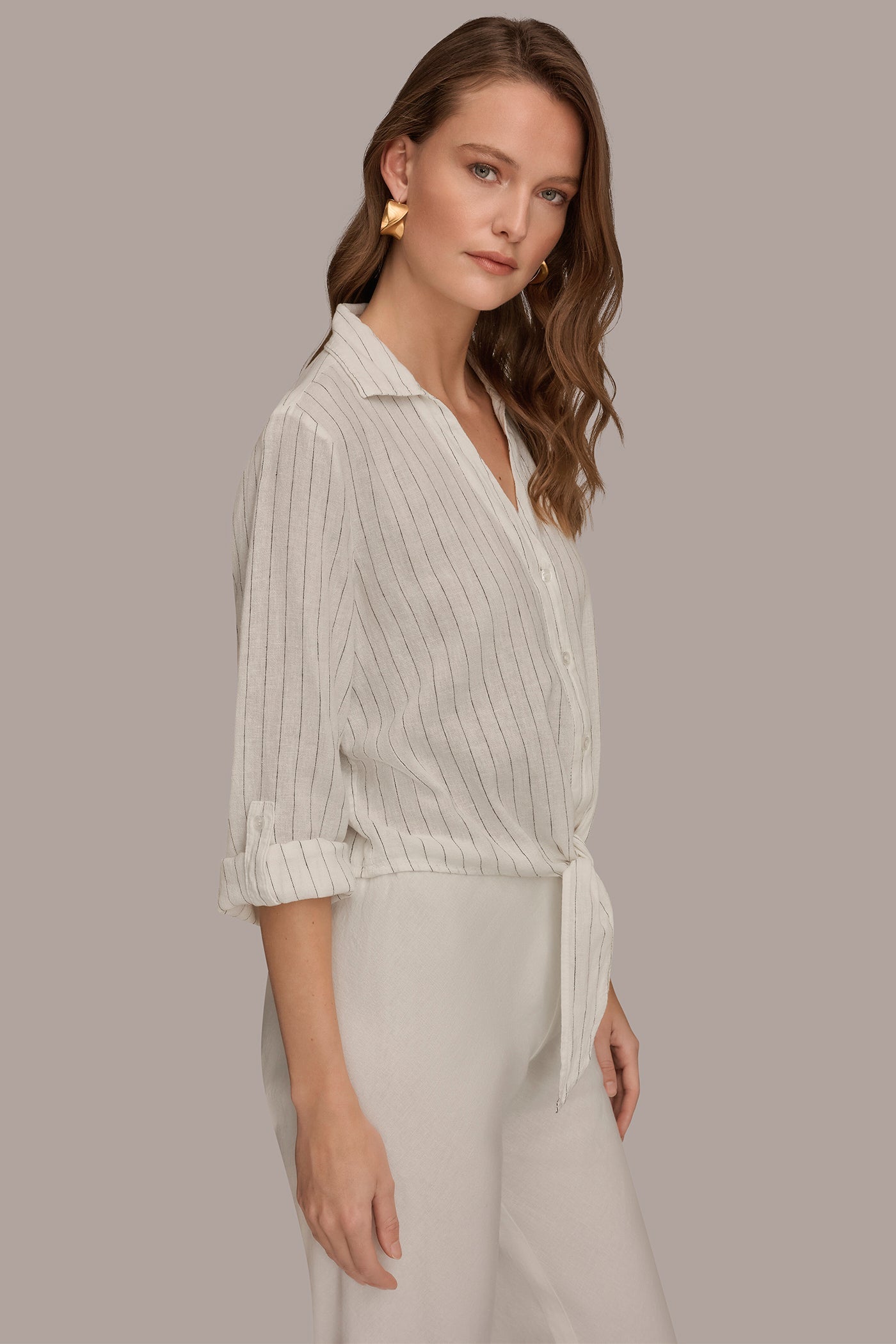 Cream/Black LONG SLEEVE TIE-FRONT BLOUSE Donna Karan