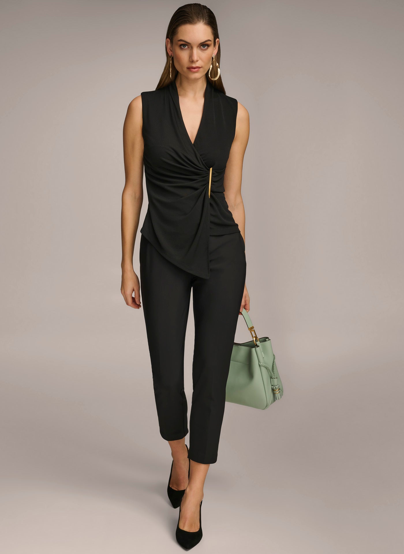 Black V NECK TOP WITH HARDWARE AND RUCHED DETAIL Donna Karan