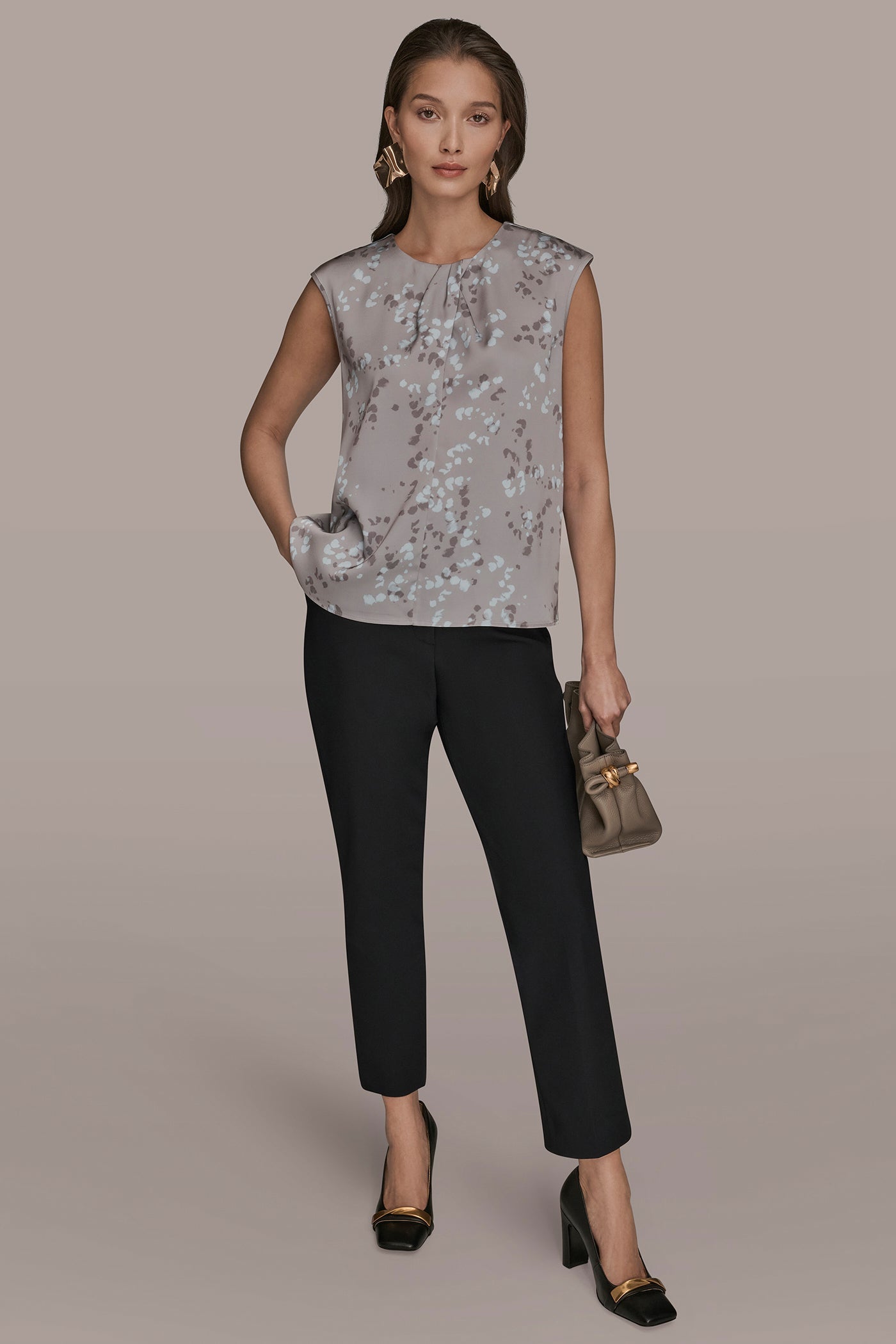 DRIFTWOOD MULTI FLORAL CAP SLEEVE TWIST BLOUSE Donna Karan