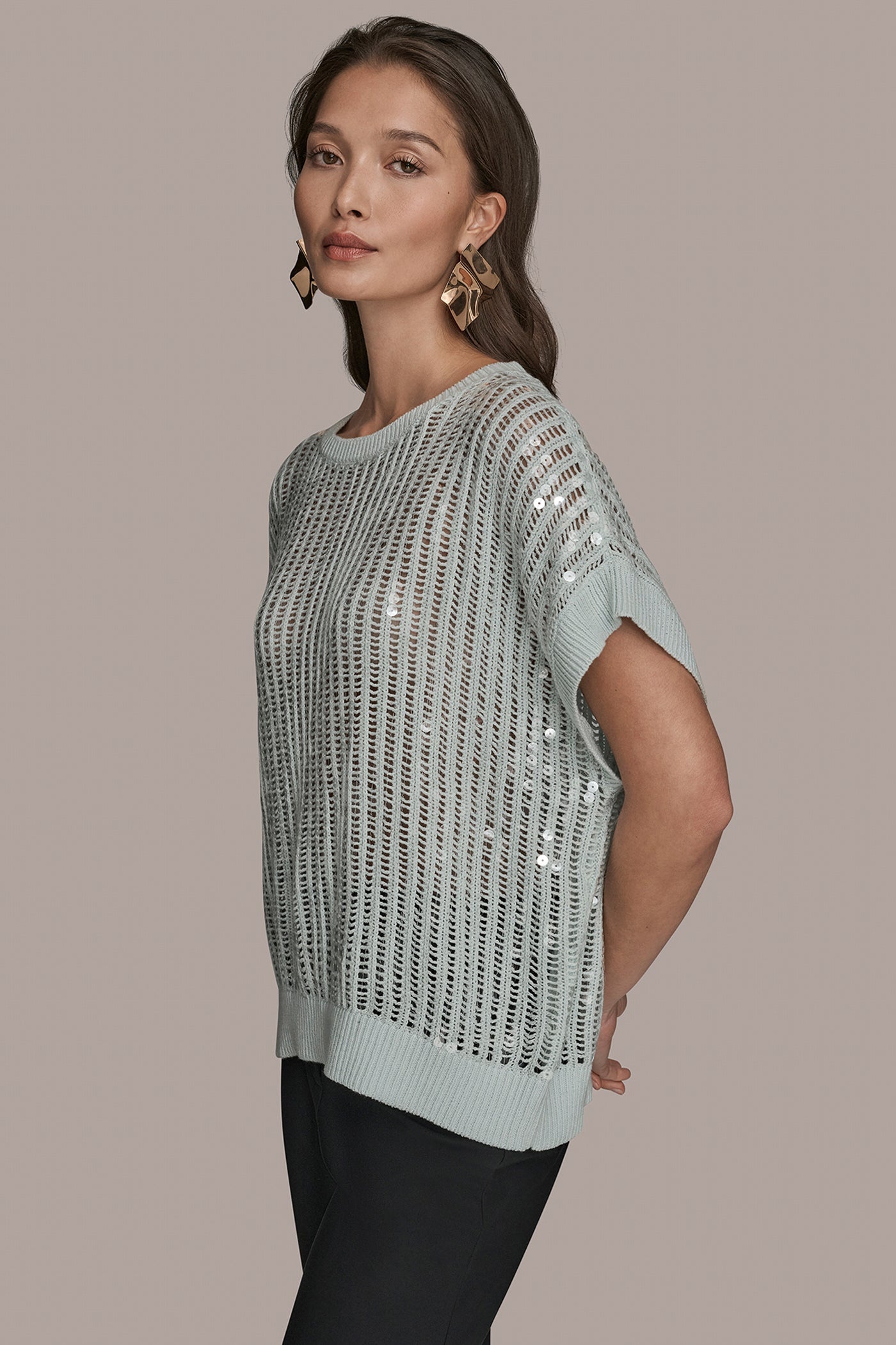 MIST COTTON-BLEND SEQUIN OPEN-KNIT SWEATER Donna Karan