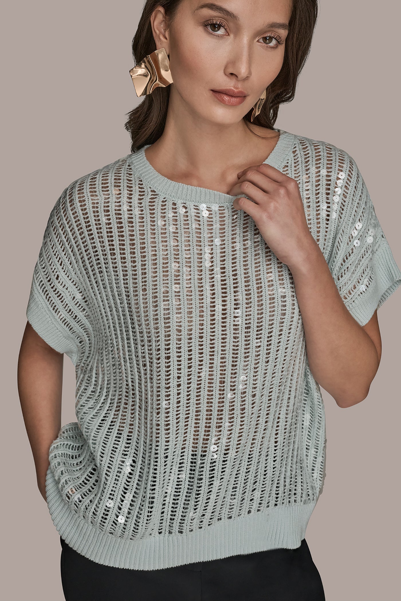 MIST COTTON-BLEND SEQUIN OPEN-KNIT SWEATER Donna Karan