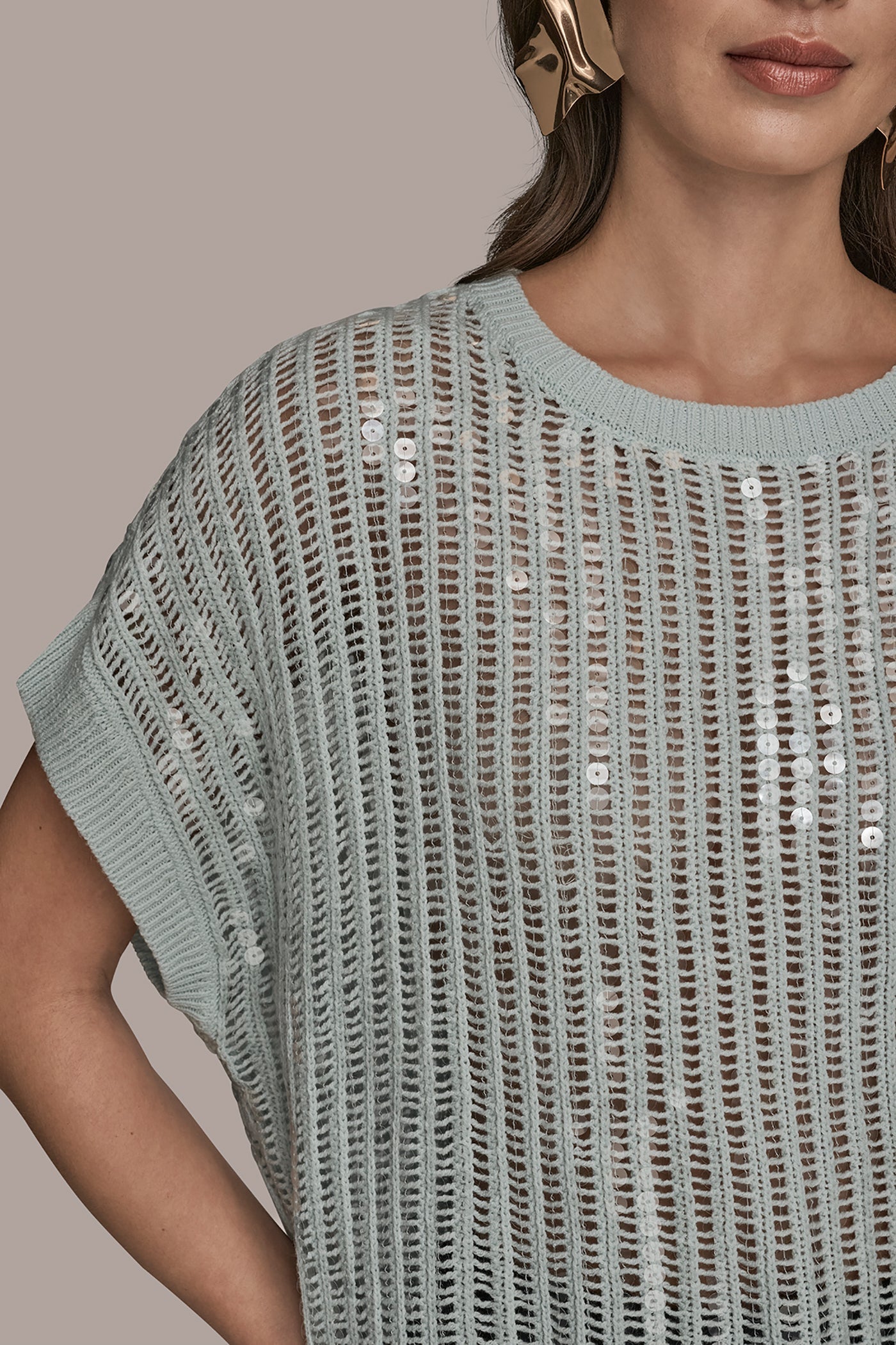 MIST COTTON-BLEND SEQUIN OPEN-KNIT SWEATER Donna Karan
