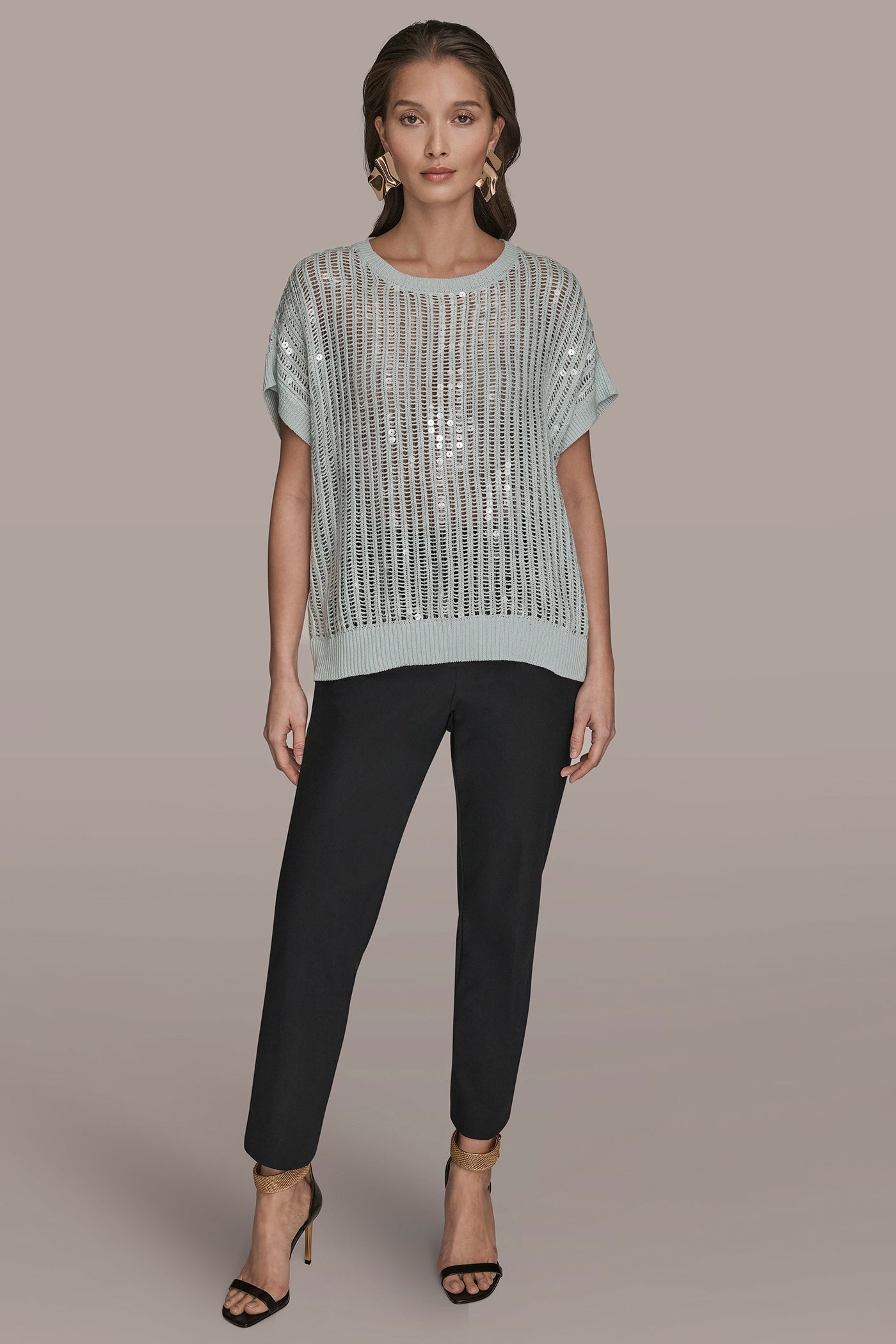 MIST COTTON-BLEND SEQUIN OPEN-KNIT SWEATER Donna Karan