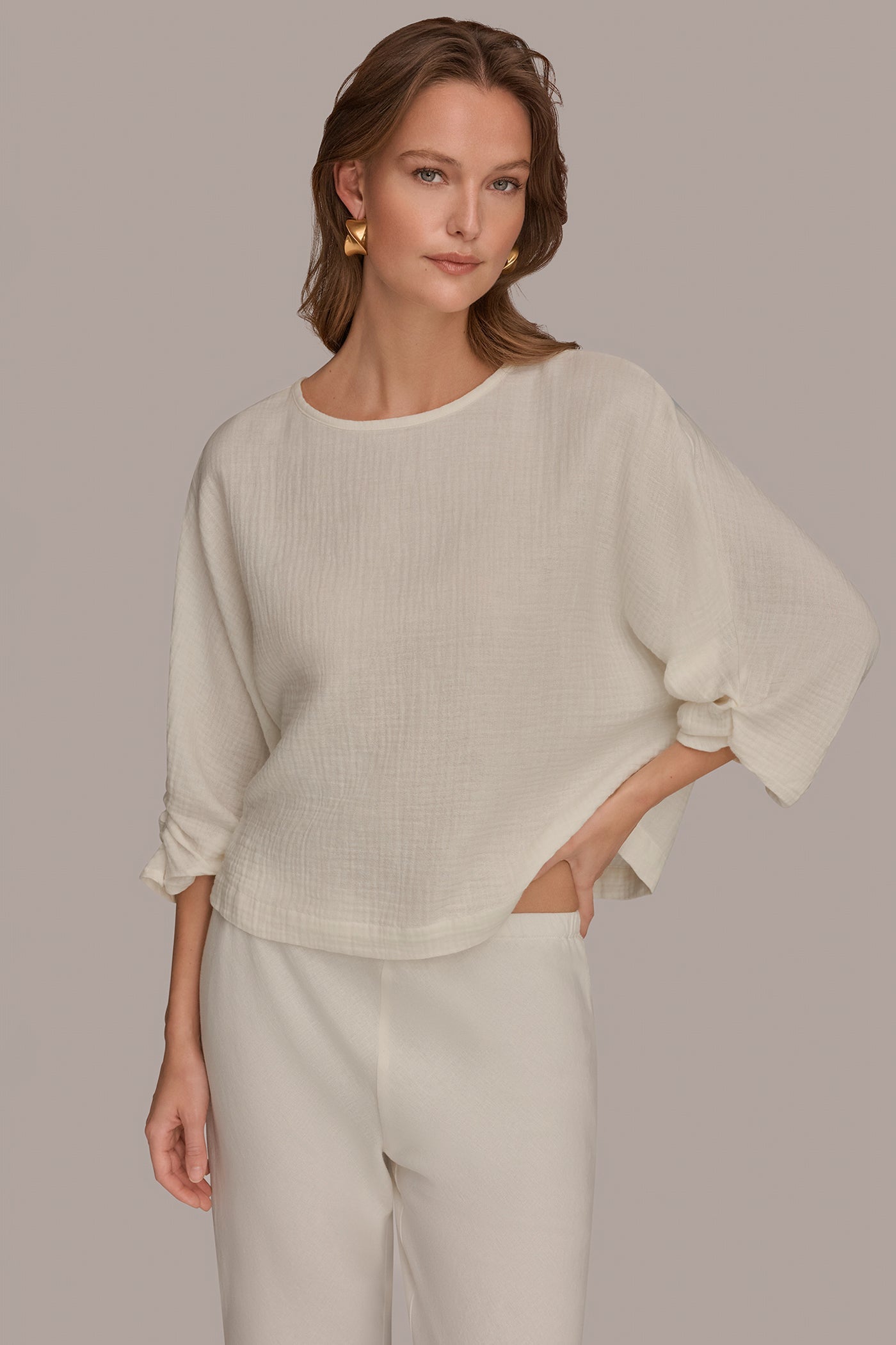 Cream 3/4 SLEEVE TWIST CUFF BLOUSE Donna Karan