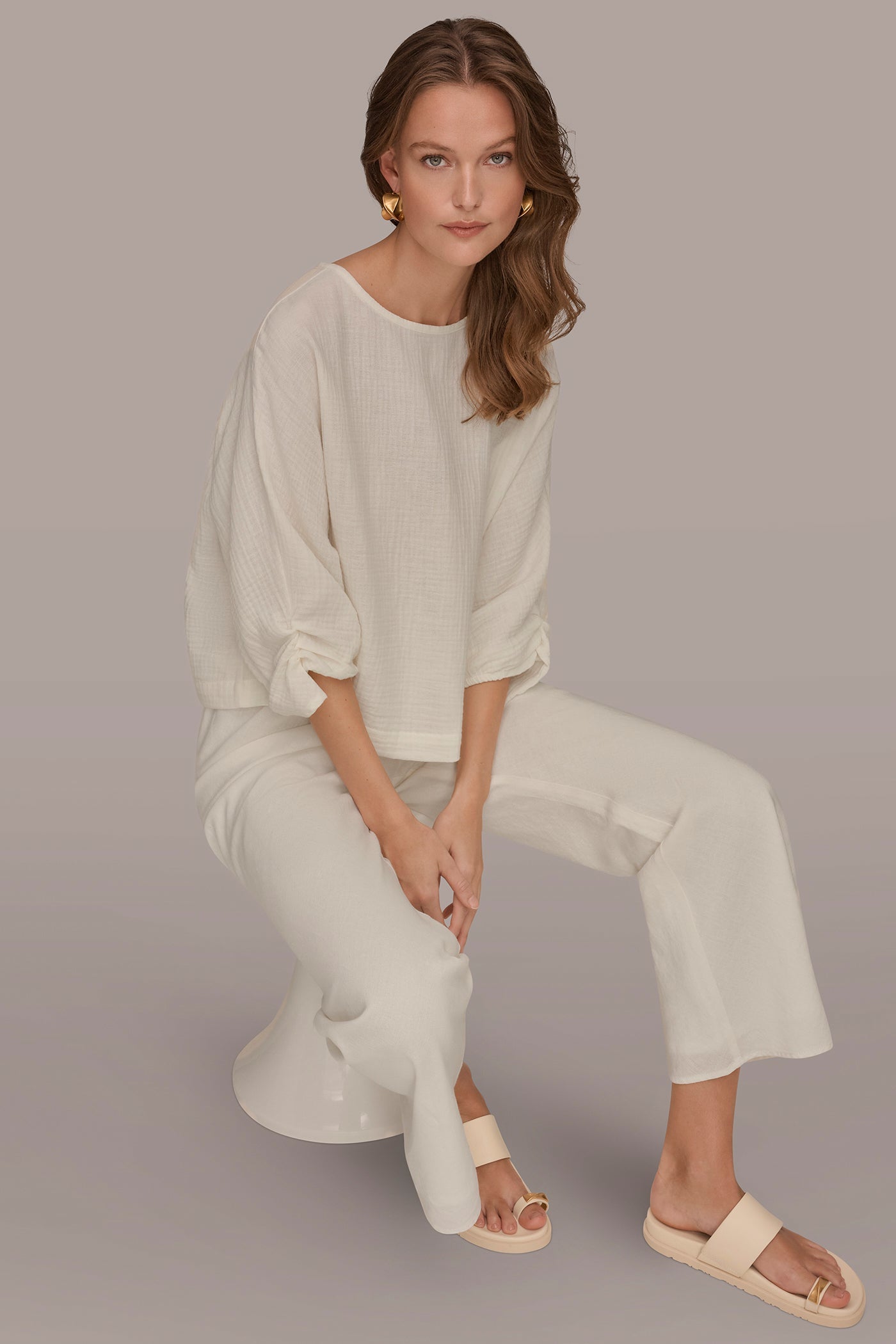 Cream 3/4 SLEEVE TWIST CUFF BLOUSE Donna Karan