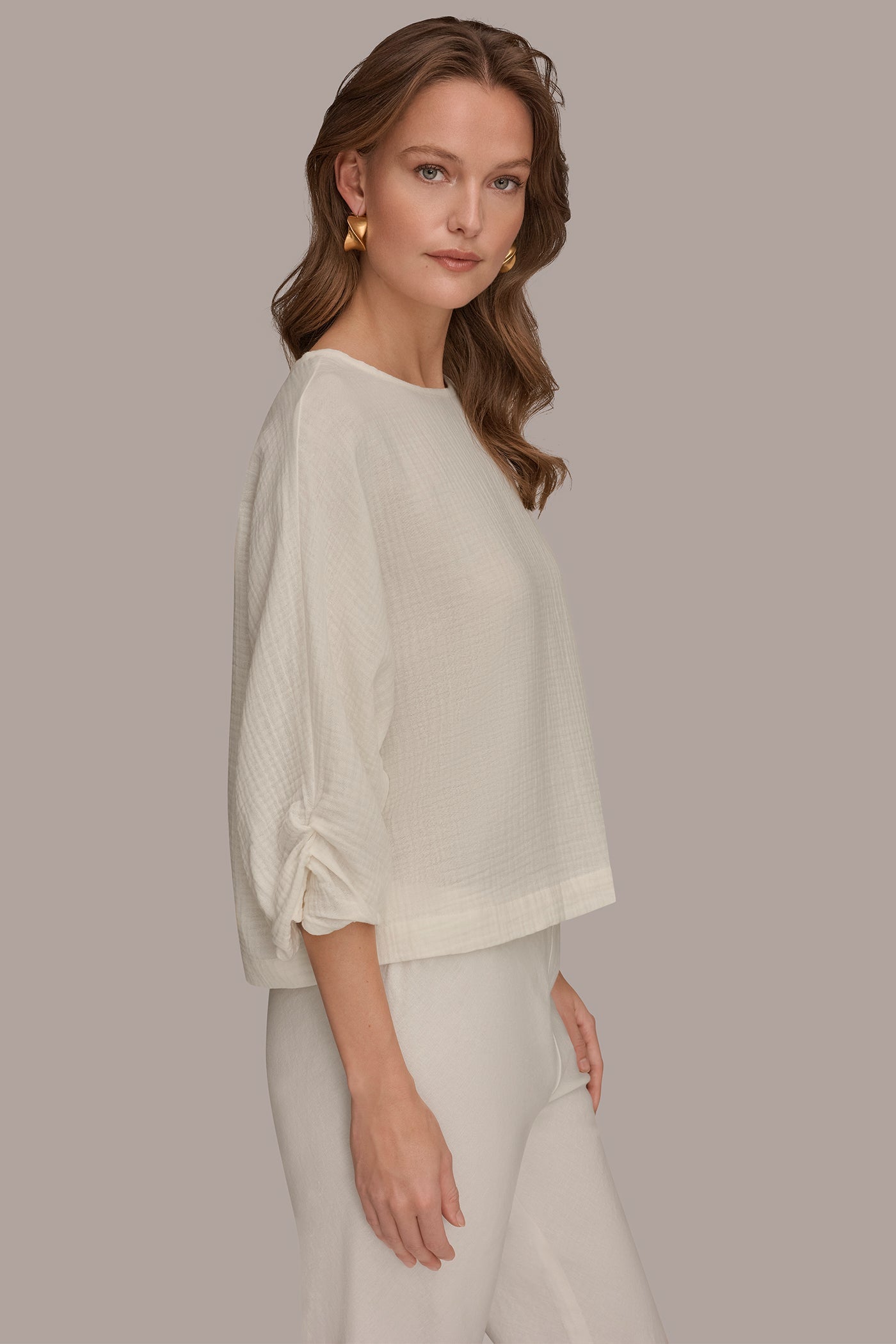 Cream 3/4 SLEEVE TWIST CUFF BLOUSE Donna Karan