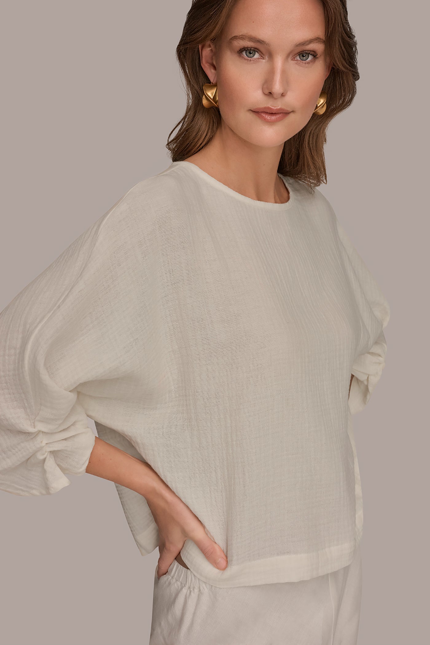 Cream 3/4 SLEEVE TWIST CUFF BLOUSE Donna Karan