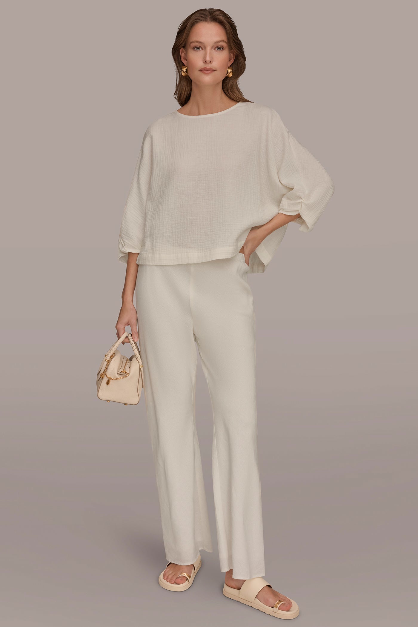 Cream 3/4 SLEEVE TWIST CUFF BLOUSE Donna Karan