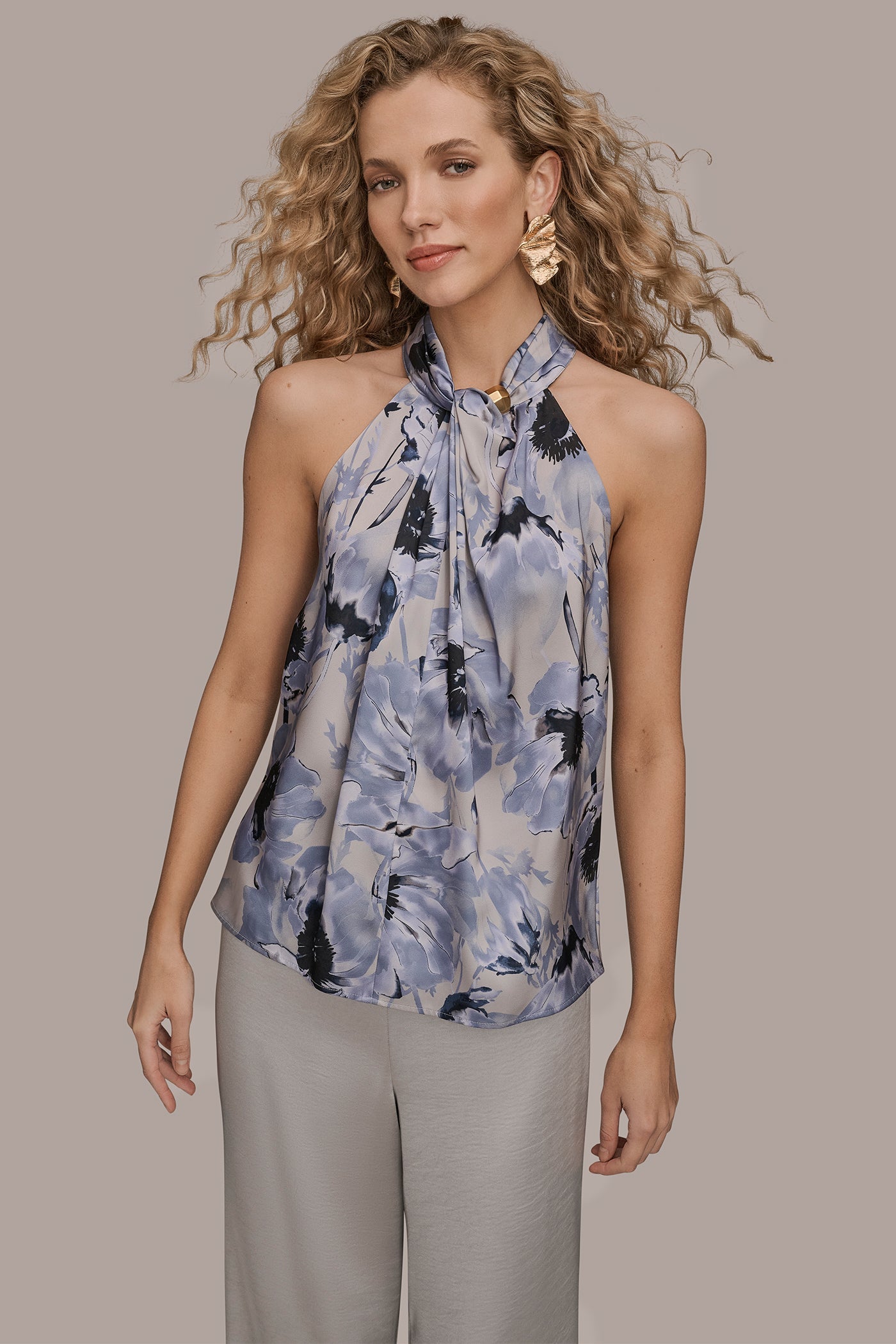 VAPOR/TEMPEST SATIN PRINTED TWIST HALTER BLOUSE Donna Karan