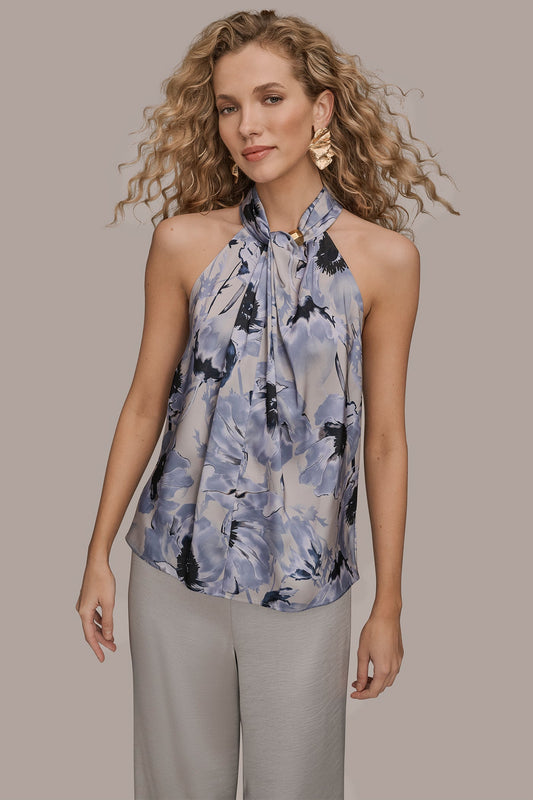 VAPOR/TEMPEST SATIN PRINTED TWIST HALTER BLOUSE Donna Karan