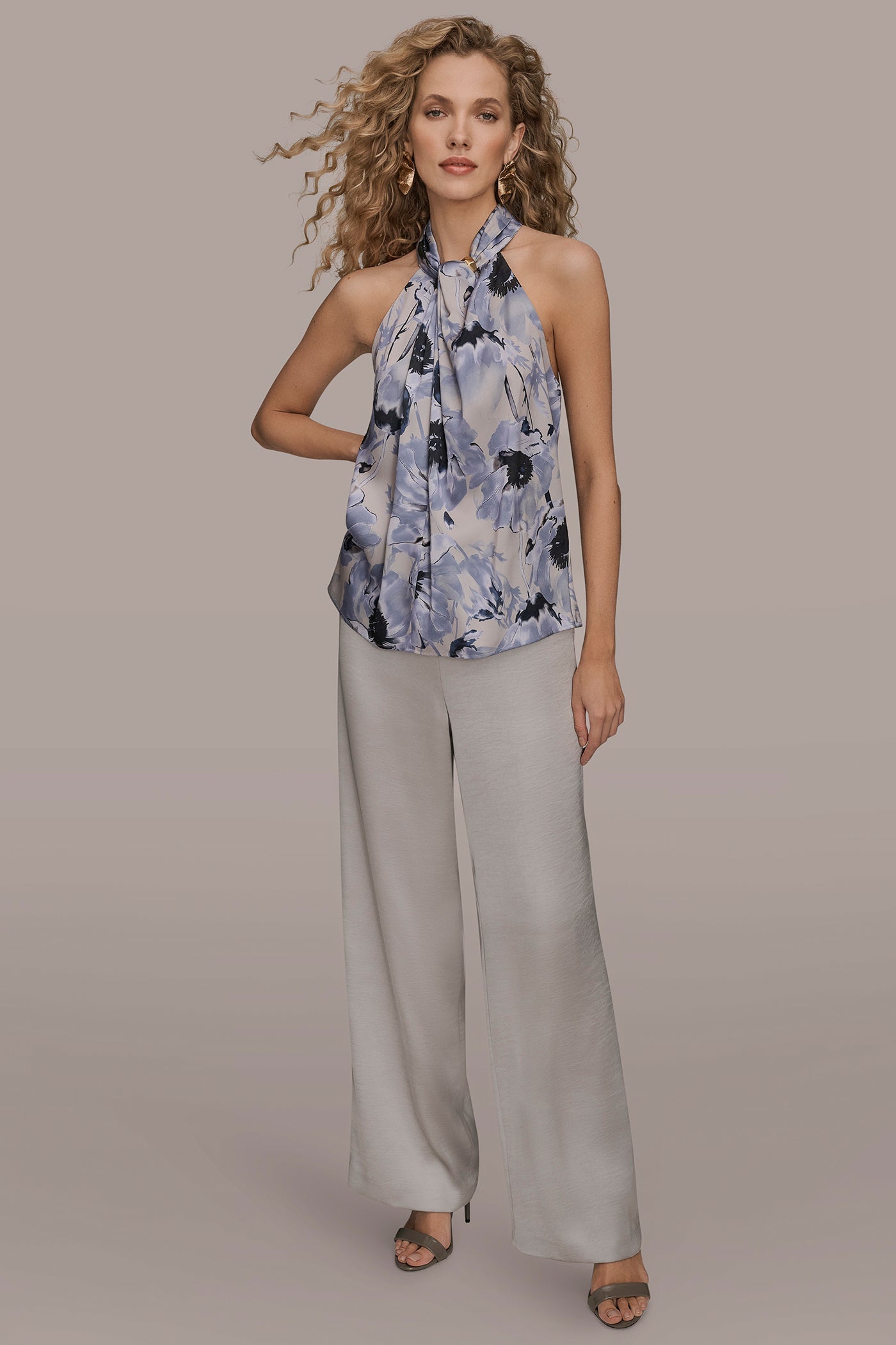 VAPOR/TEMPEST SATIN PRINTED TWIST HALTER BLOUSE Donna Karan