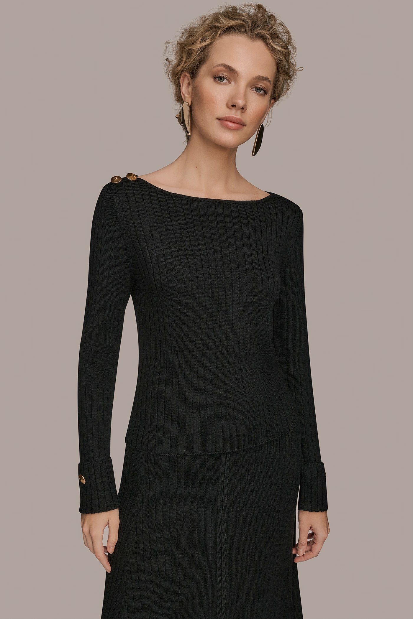 Black LONG SLEEVE BOATNECK RIBBED BUTTON SWEATER Donna Karan