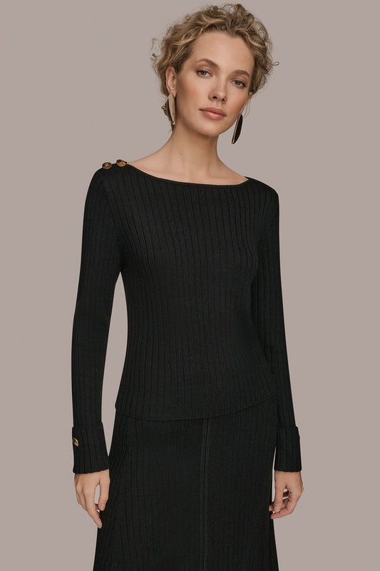 Black LONG SLEEVE BOATNECK RIBBED BUTTON SWEATER Donna Karan