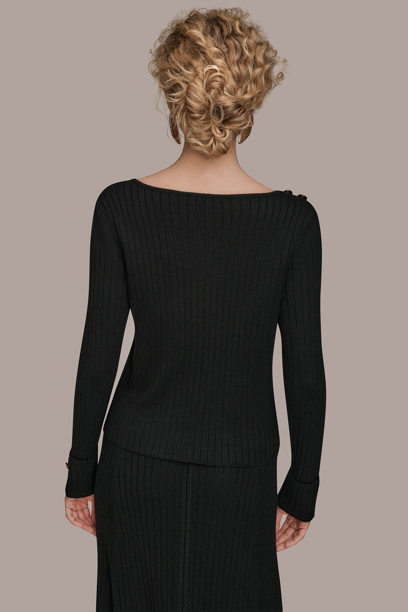 Black LONG SLEEVE BOATNECK RIBBED BUTTON SWEATER Donna Karan