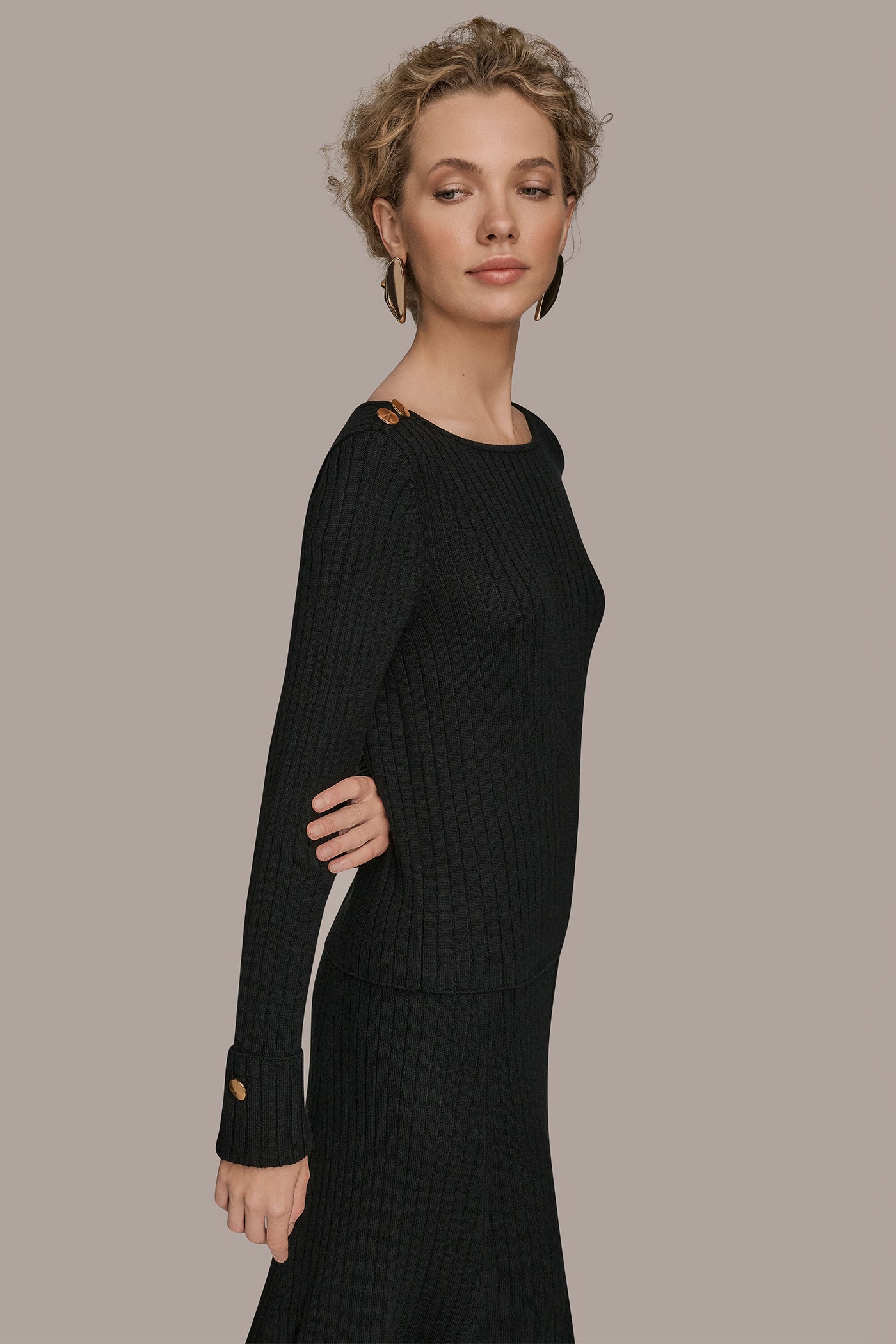 Black LONG SLEEVE BOATNECK RIBBED BUTTON SWEATER Donna Karan