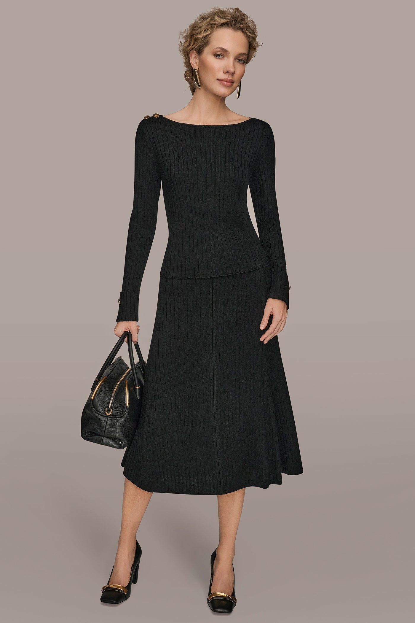 Black LONG SLEEVE BOATNECK RIBBED BUTTON SWEATER Donna Karan