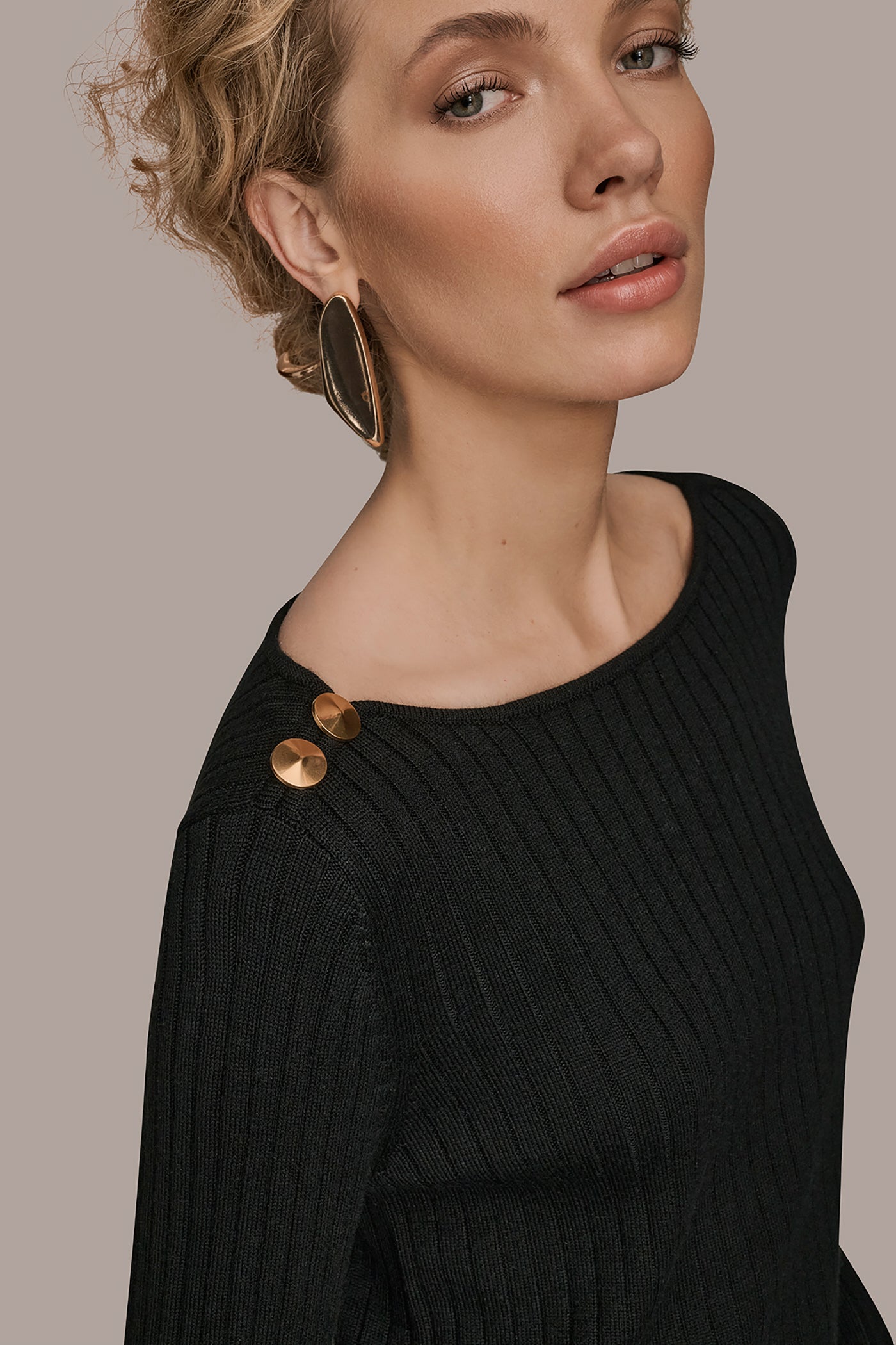 Black LONG SLEEVE BOATNECK RIBBED BUTTON SWEATER Donna Karan