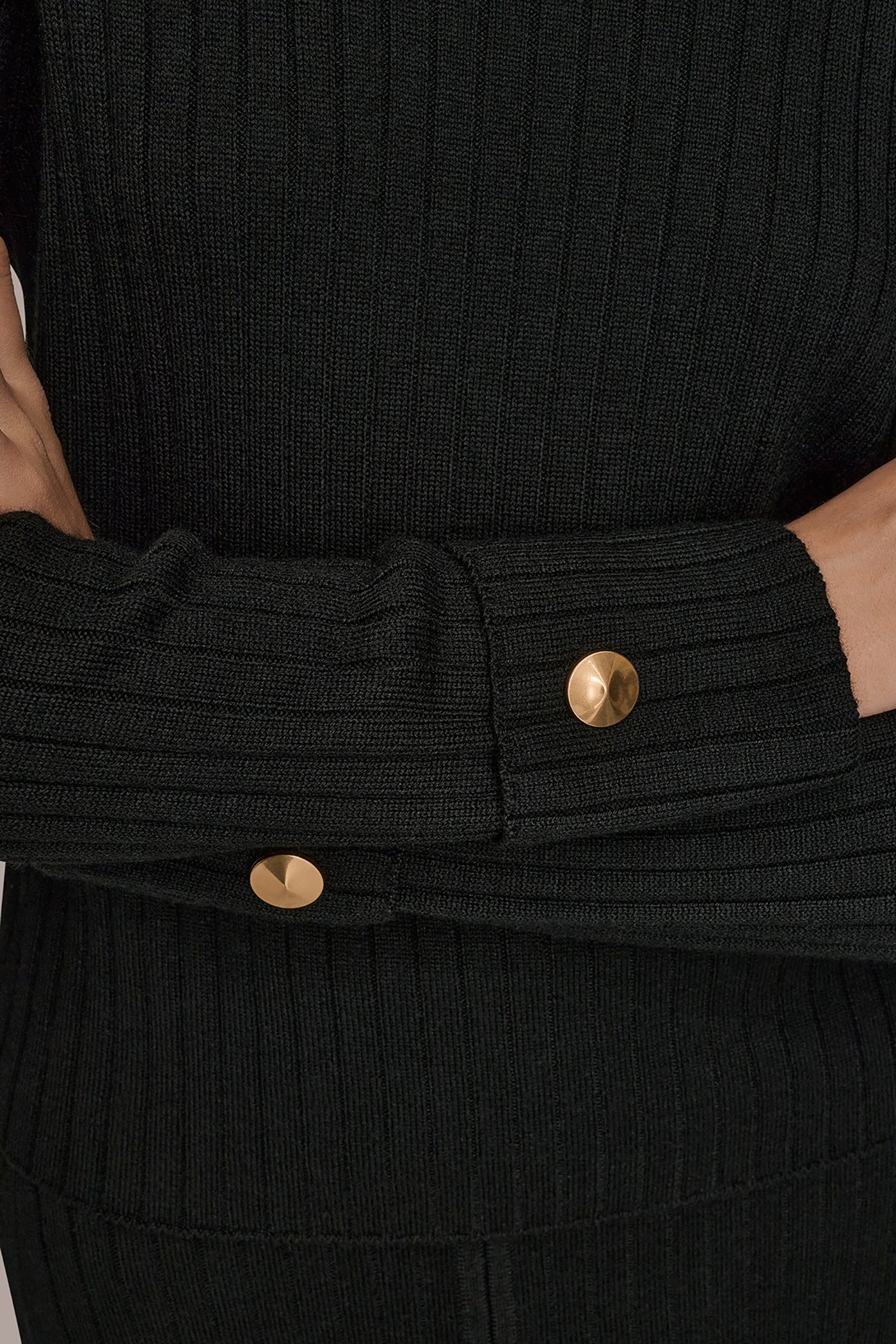 Black LONG SLEEVE BOATNECK RIBBED BUTTON SWEATER Donna Karan