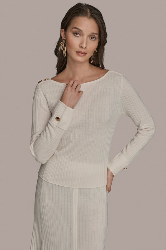 CREAM LONG SLEEVE BOATNECK RIBBED BUTTON SWEATER Donna Karan