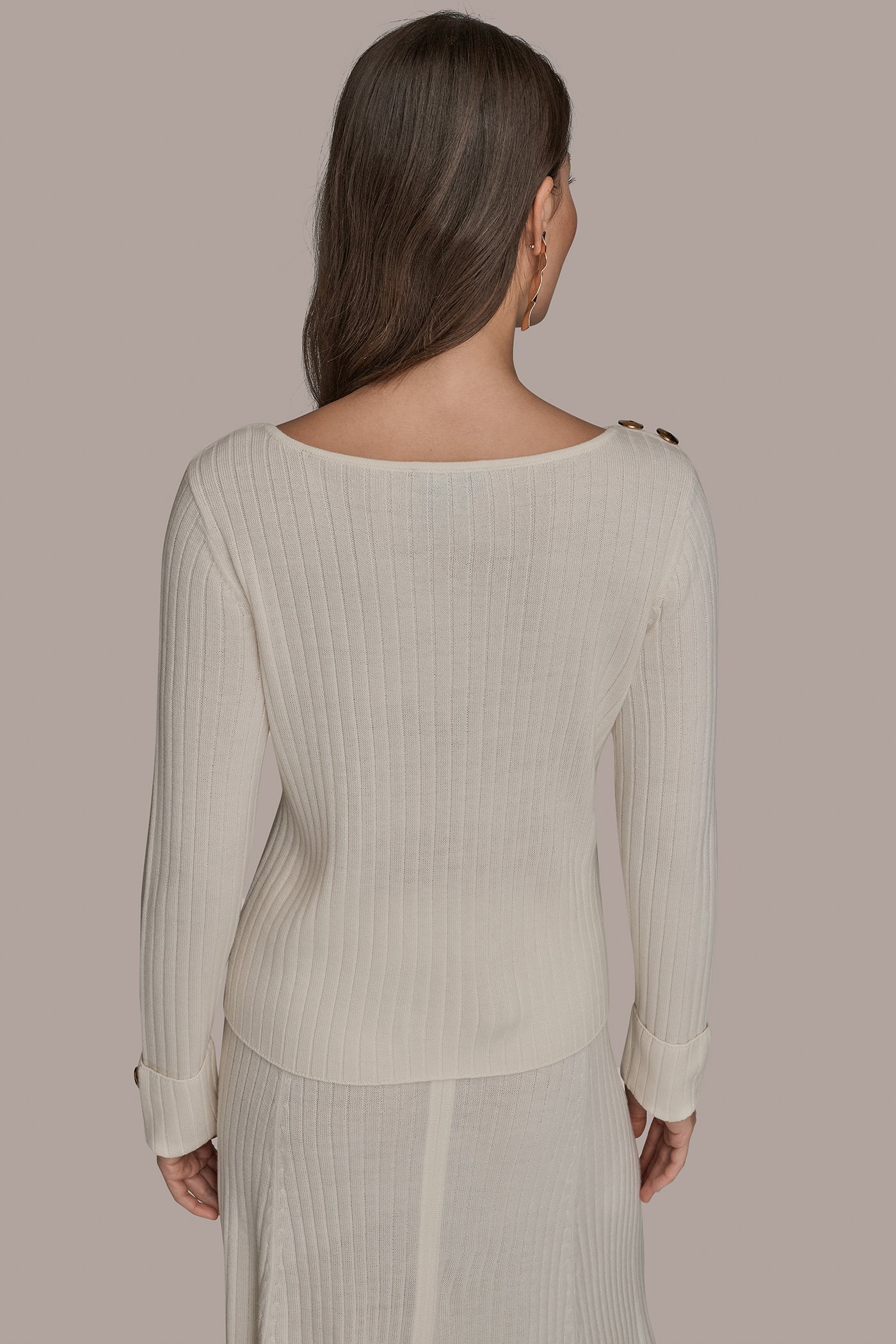 CREAM LONG SLEEVE BOATNECK RIBBED BUTTON SWEATER Donna Karan