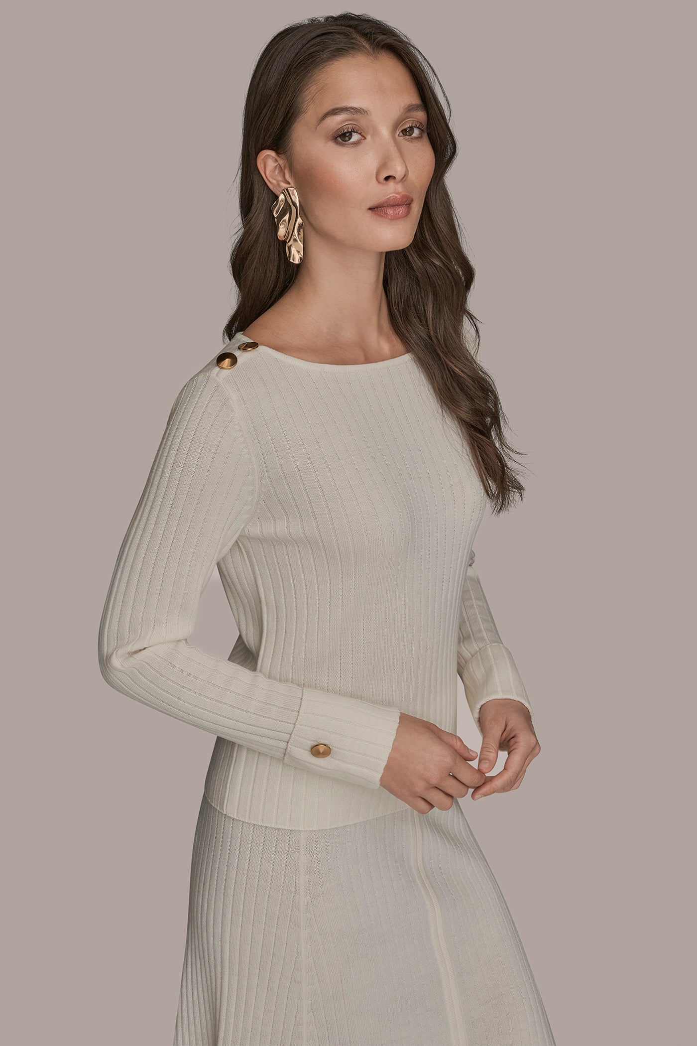 CREAM LONG SLEEVE BOATNECK RIBBED BUTTON SWEATER Donna Karan