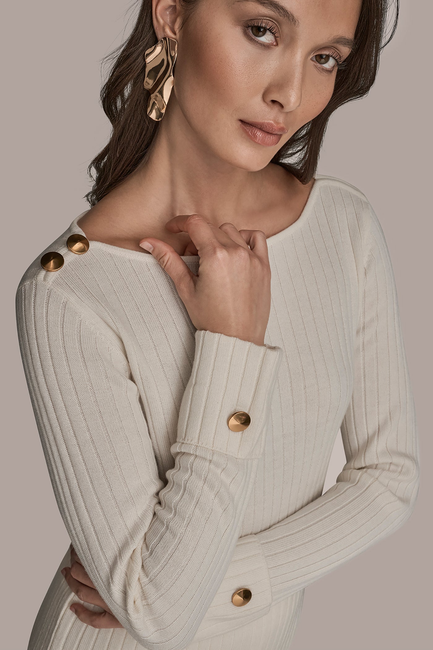 CREAM LONG SLEEVE BOATNECK RIBBED BUTTON SWEATER Donna Karan