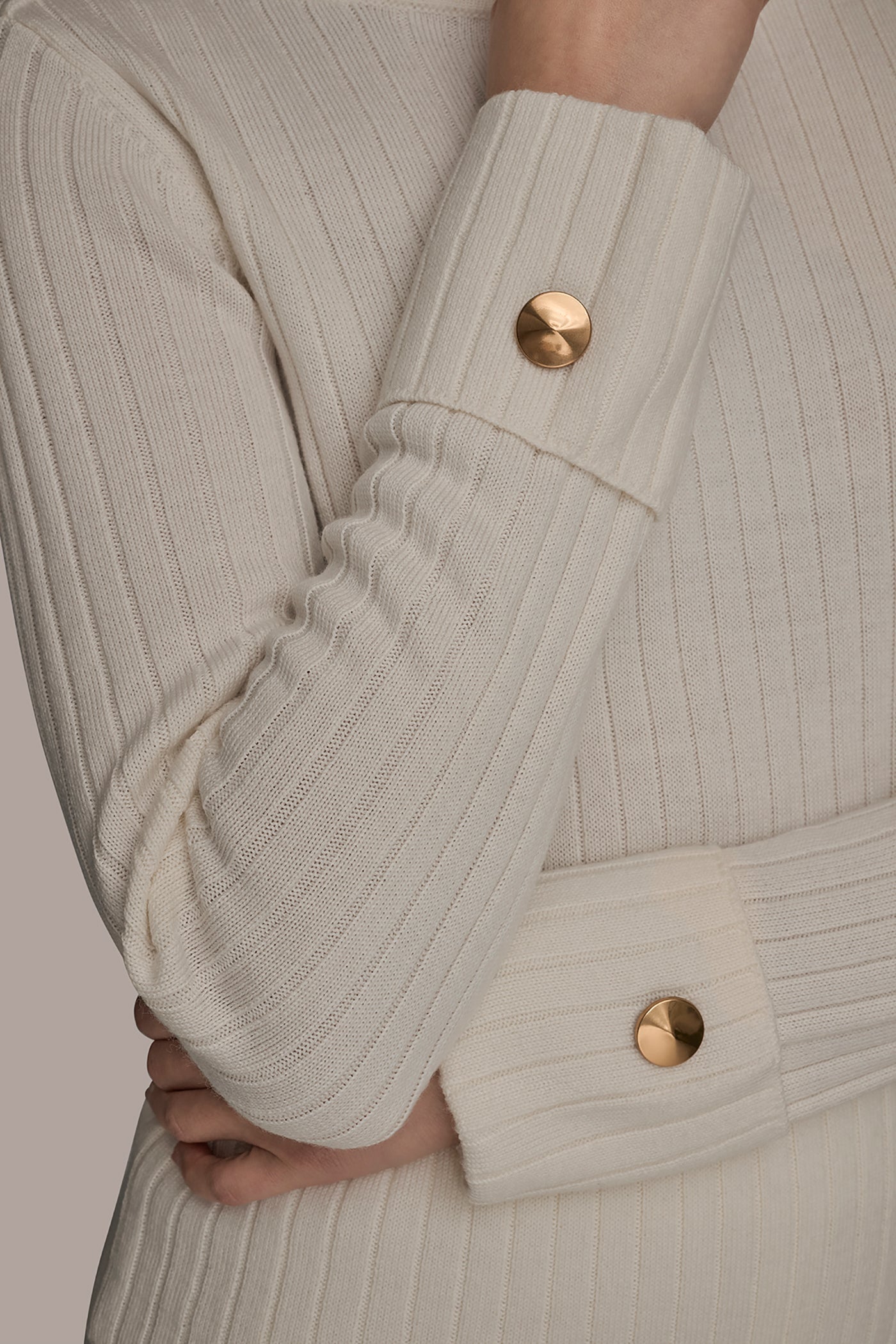CREAM LONG SLEEVE BOATNECK RIBBED BUTTON SWEATER Donna Karan