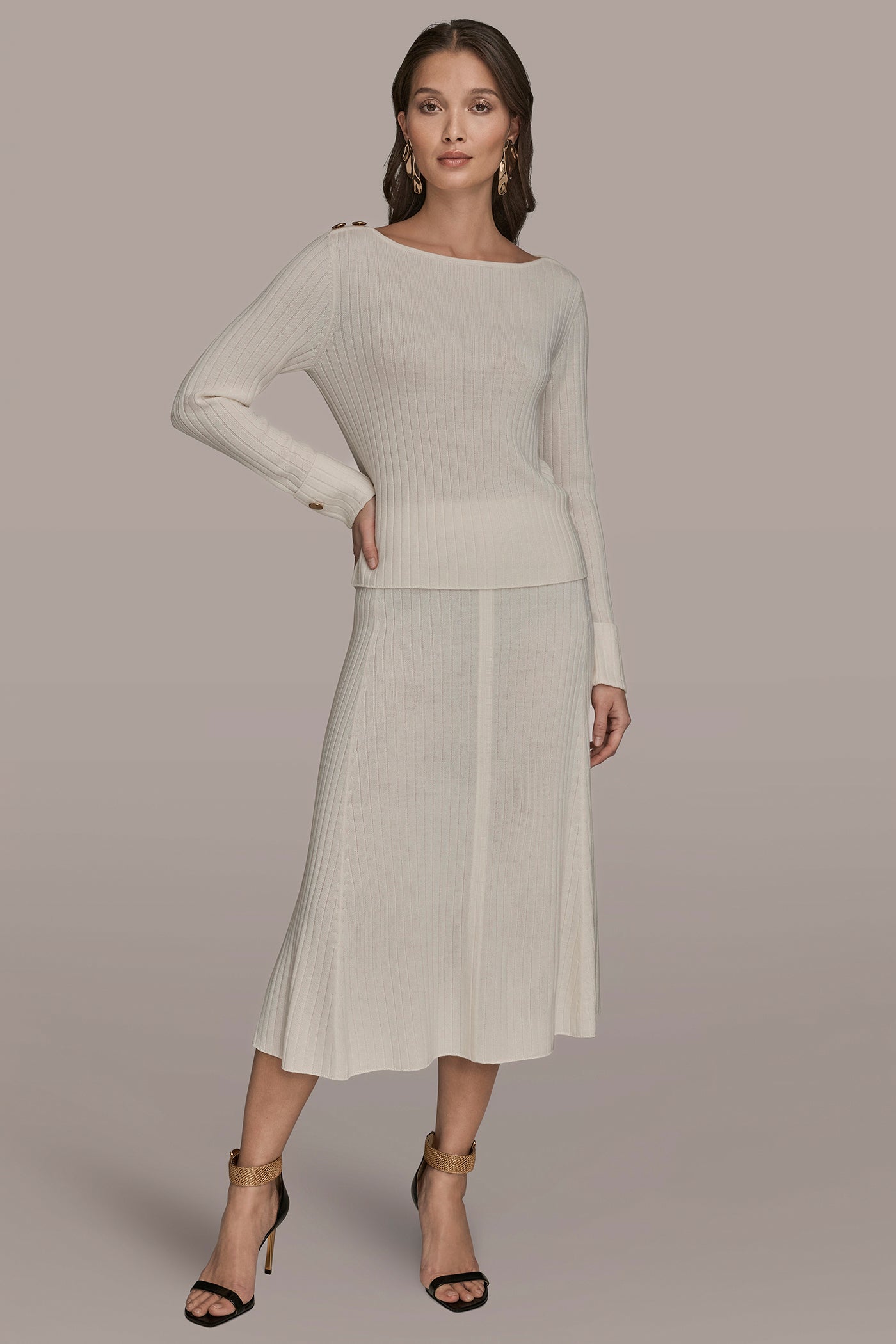 CREAM LONG SLEEVE BOATNECK RIBBED BUTTON SWEATER Donna Karan