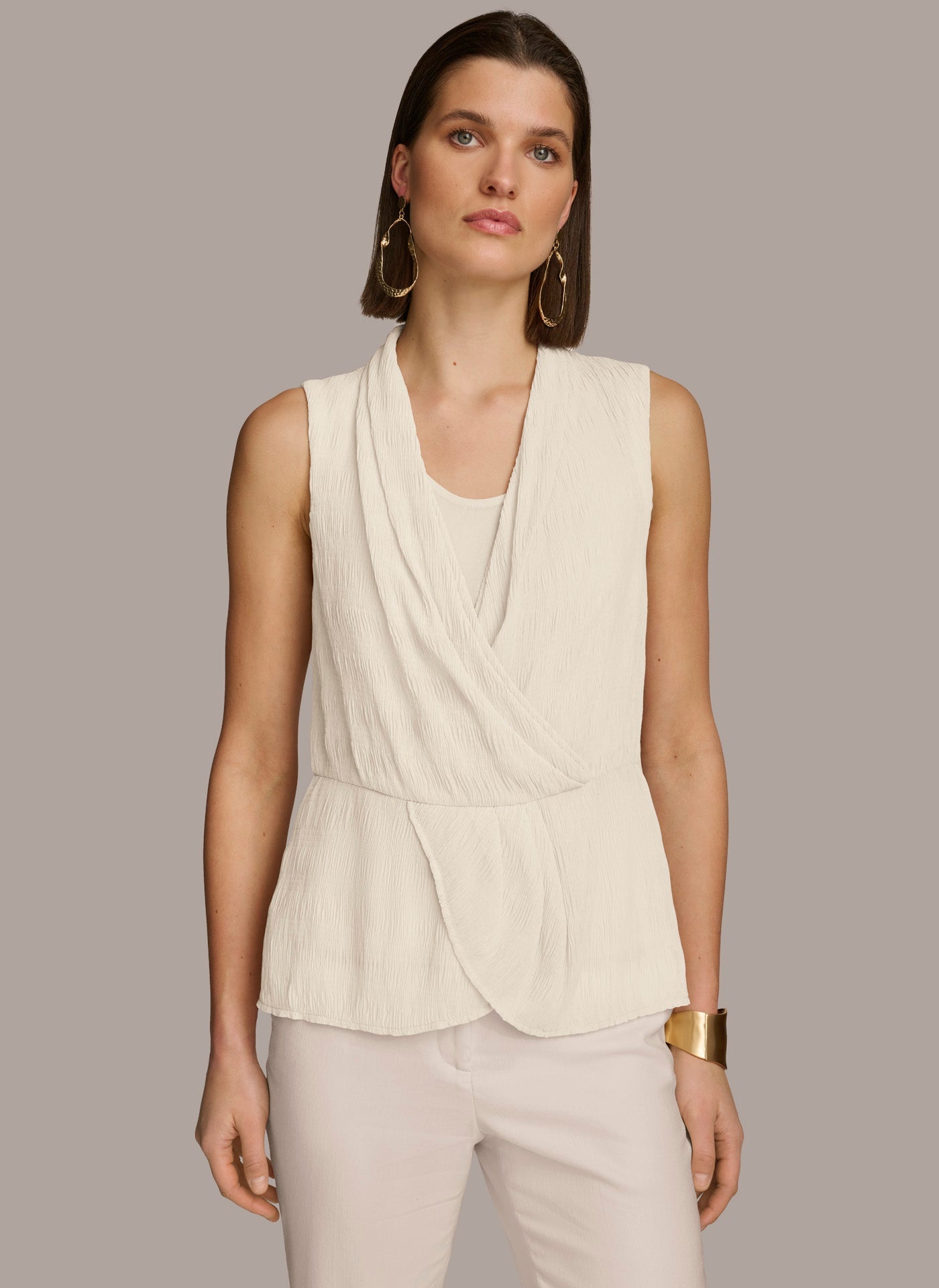 Cream FAUX WRAP PEPLUM TOP Donna Karan