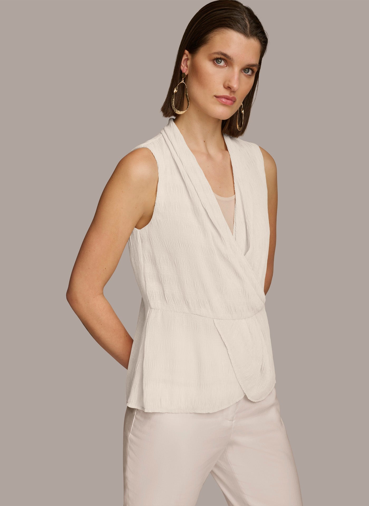 Cream FAUX WRAP PEPLUM TOP Donna Karan