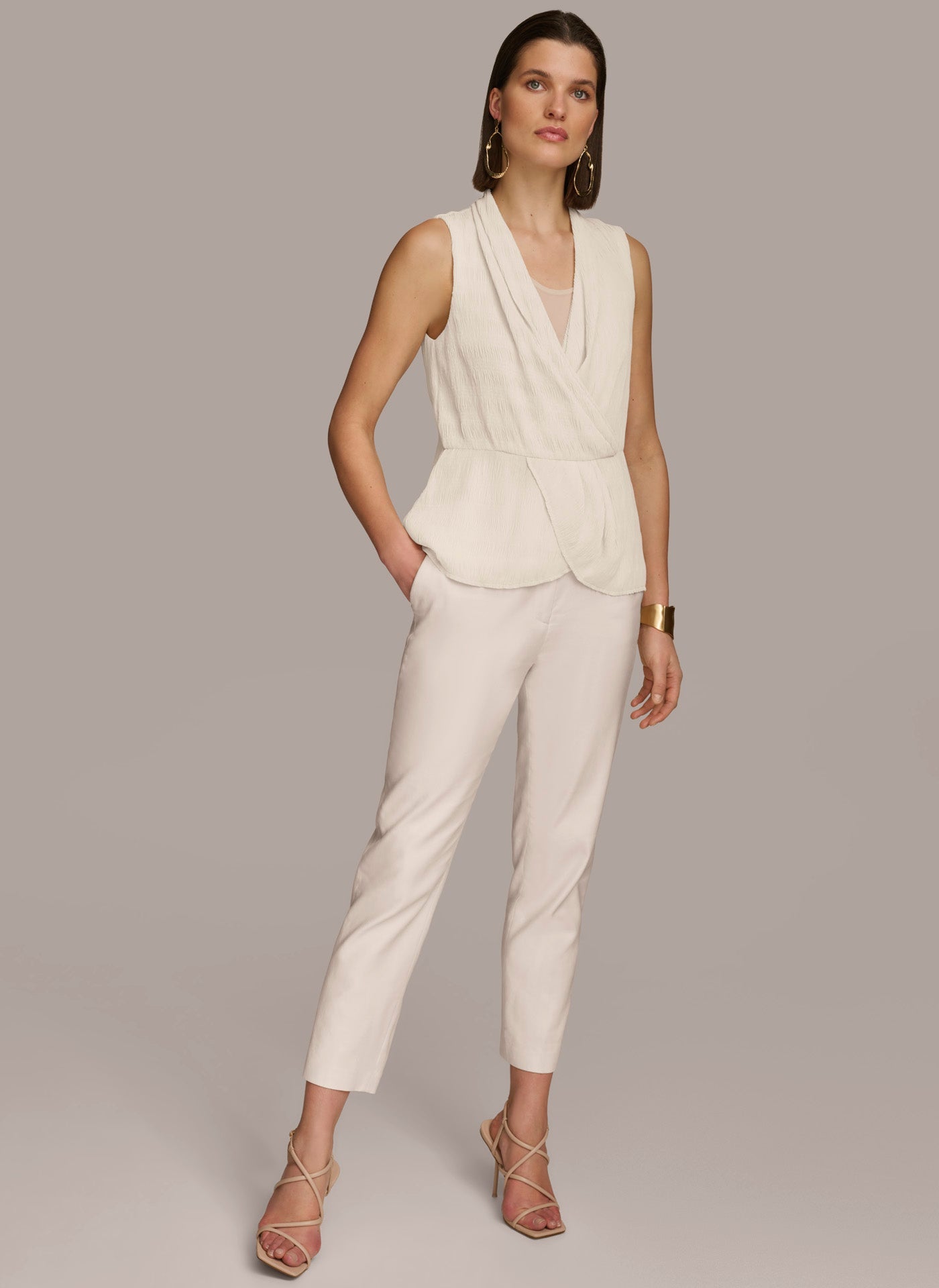 Cream FAUX WRAP PEPLUM TOP Donna Karan