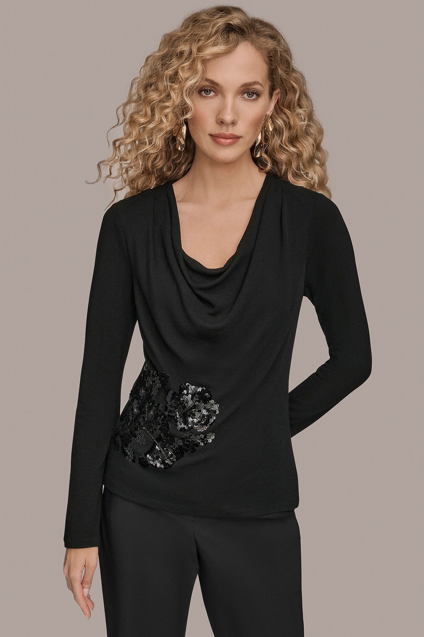 Black LONG-SLEEVE COWL-NECK FLORAL TOP Donna Karan