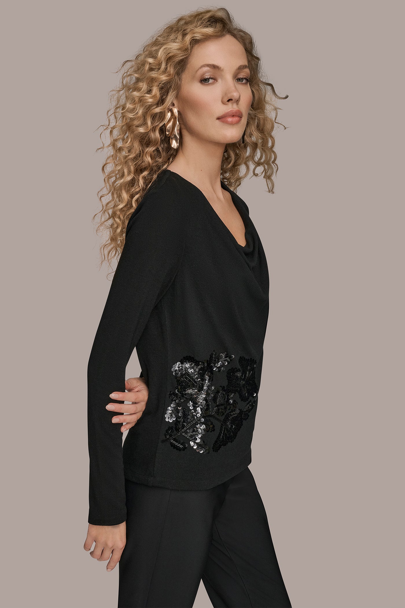 Black LONG-SLEEVE COWL-NECK FLORAL TOP Donna Karan