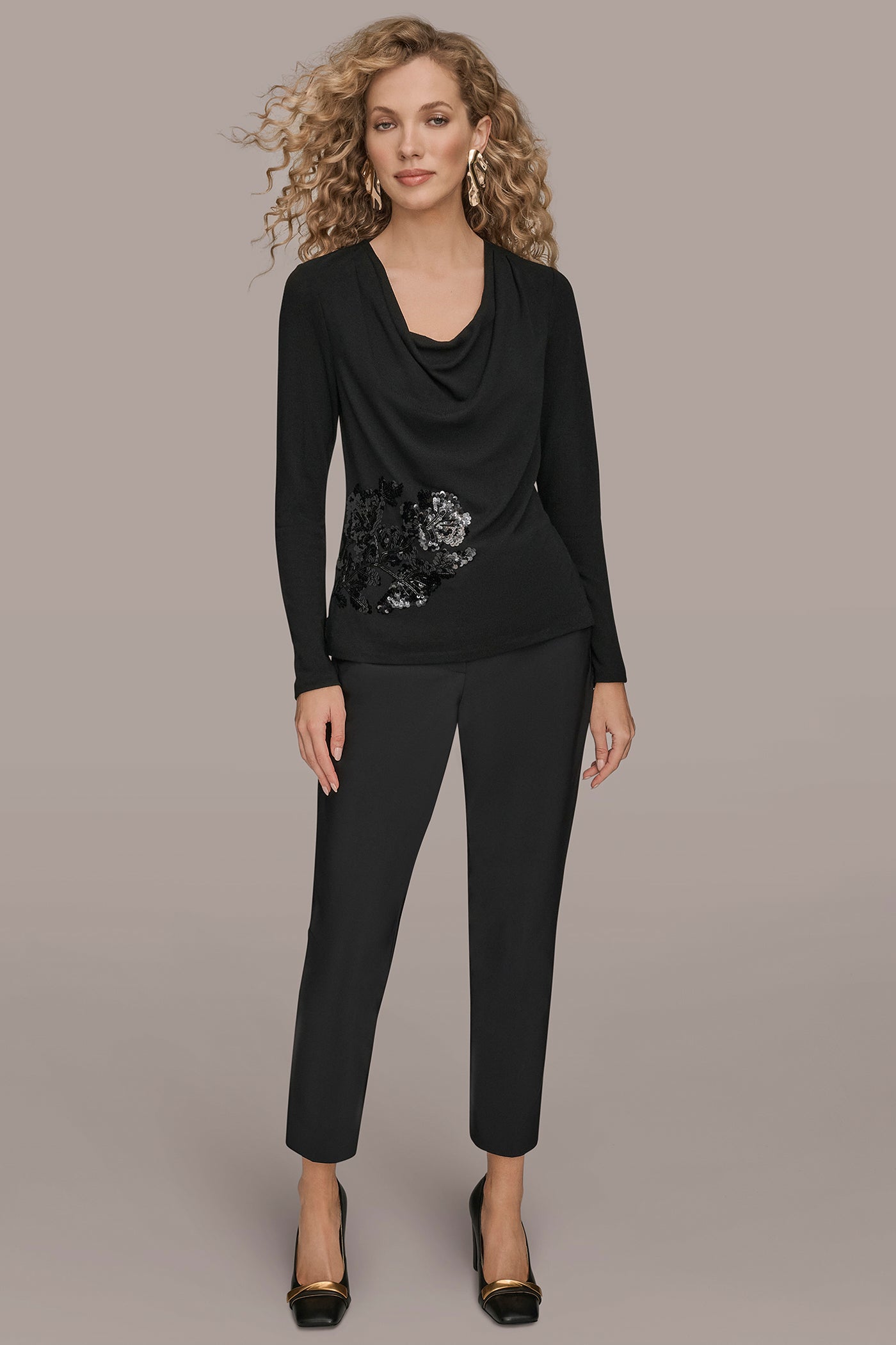 Black LONG-SLEEVE COWL-NECK FLORAL TOP Donna Karan