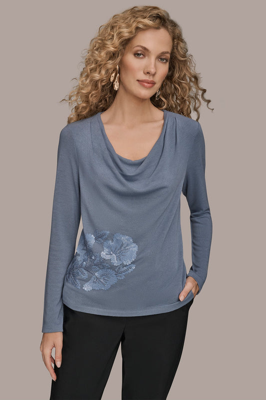 TEMPEST LONG-SLEEVE COWL-NECK FLORAL TOP Donna Karan