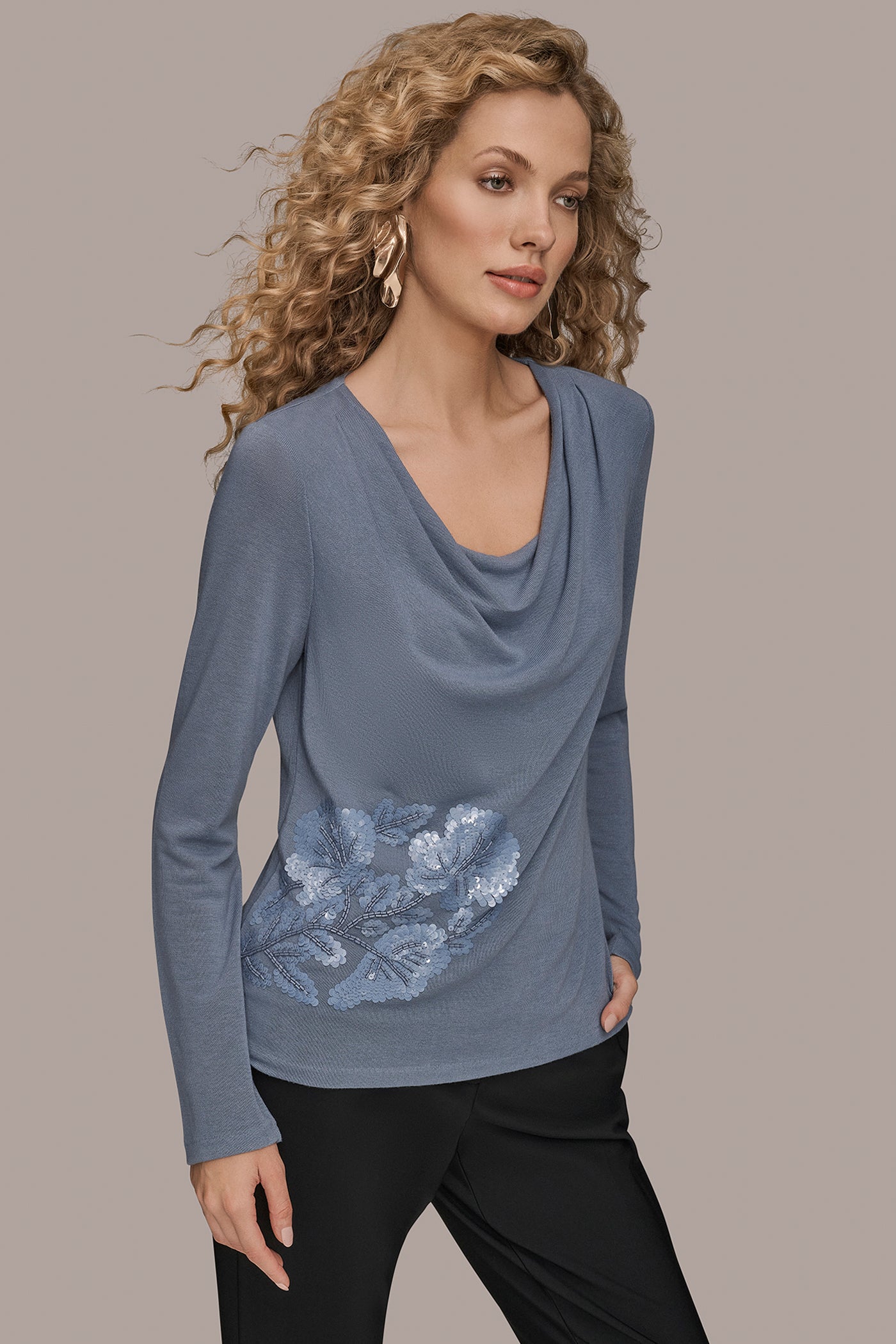 TEMPEST LONG-SLEEVE COWL-NECK FLORAL TOP Donna Karan