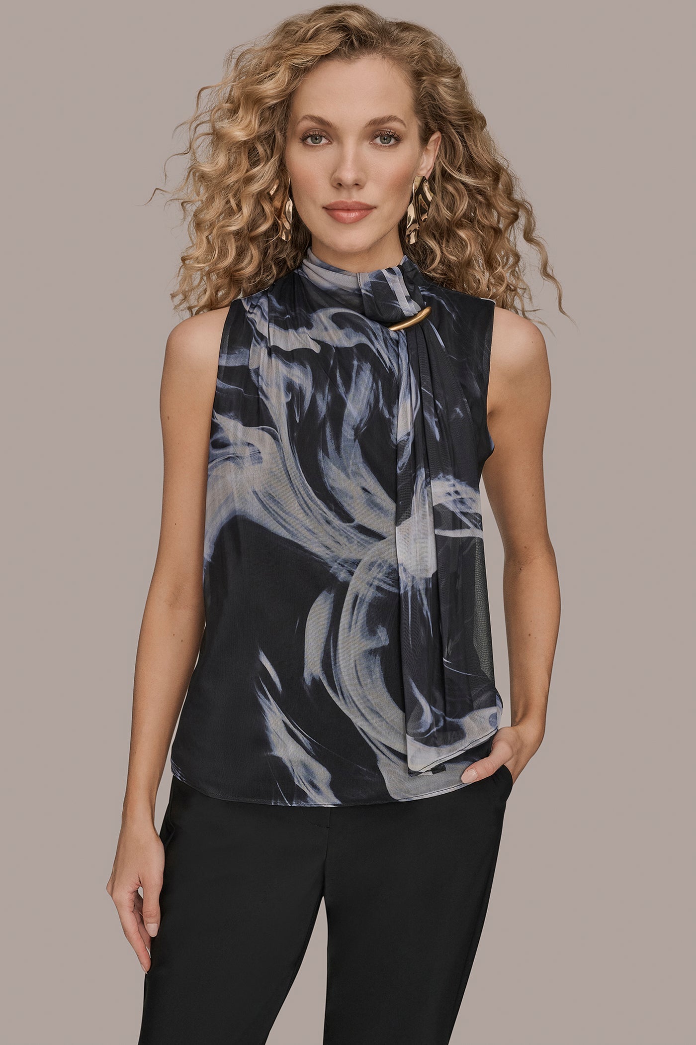 BLACK/VAPOR MULTI TIE-NECK HALTER BLOUSE Donna Karan